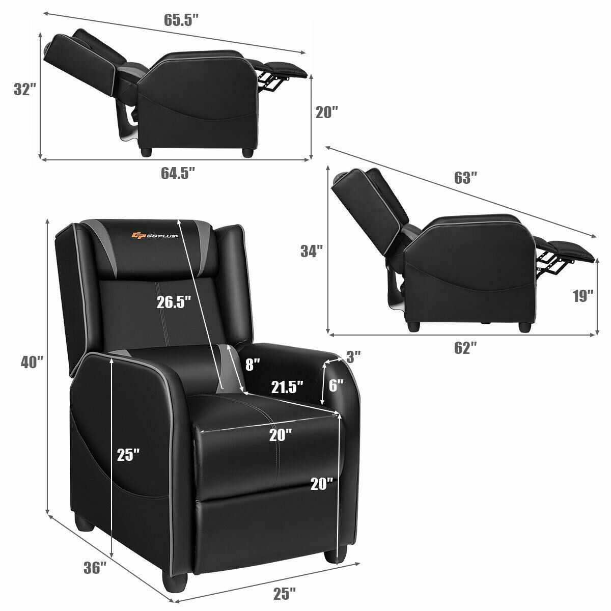 Home Massage Gaming Recliner Chair-Gray Kids Crystal