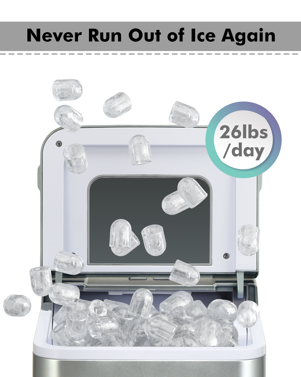 26lbs/24h Portable Countertop Ice Maker Machine with Scoop 9 Ice Cubes Ready in 8 minutes-Silver Kids Crystal