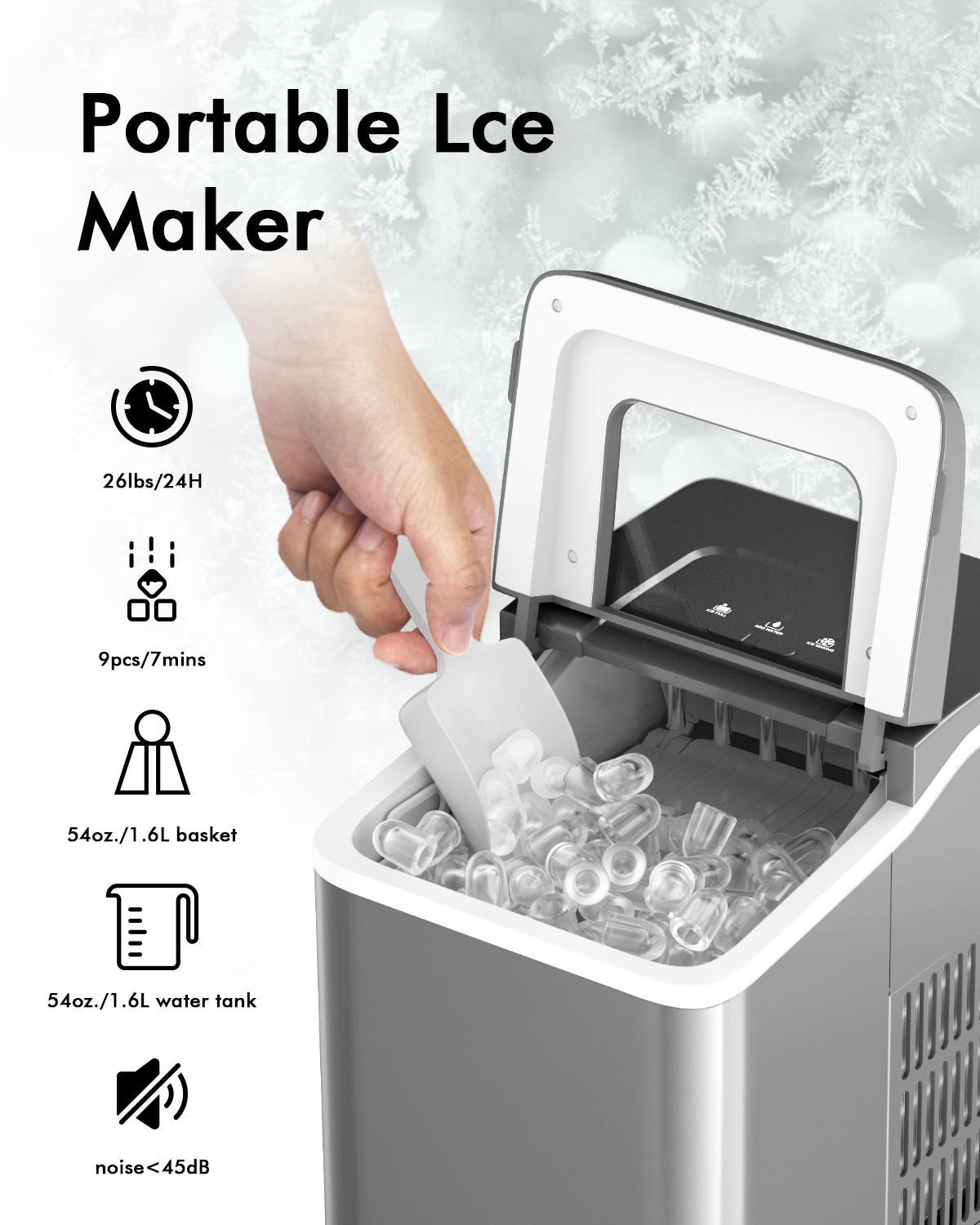 26lbs/24h Portable Countertop Ice Maker Machine with Scoop 9 Ice Cubes Ready in 8 minutes-Silver Kids Crystal