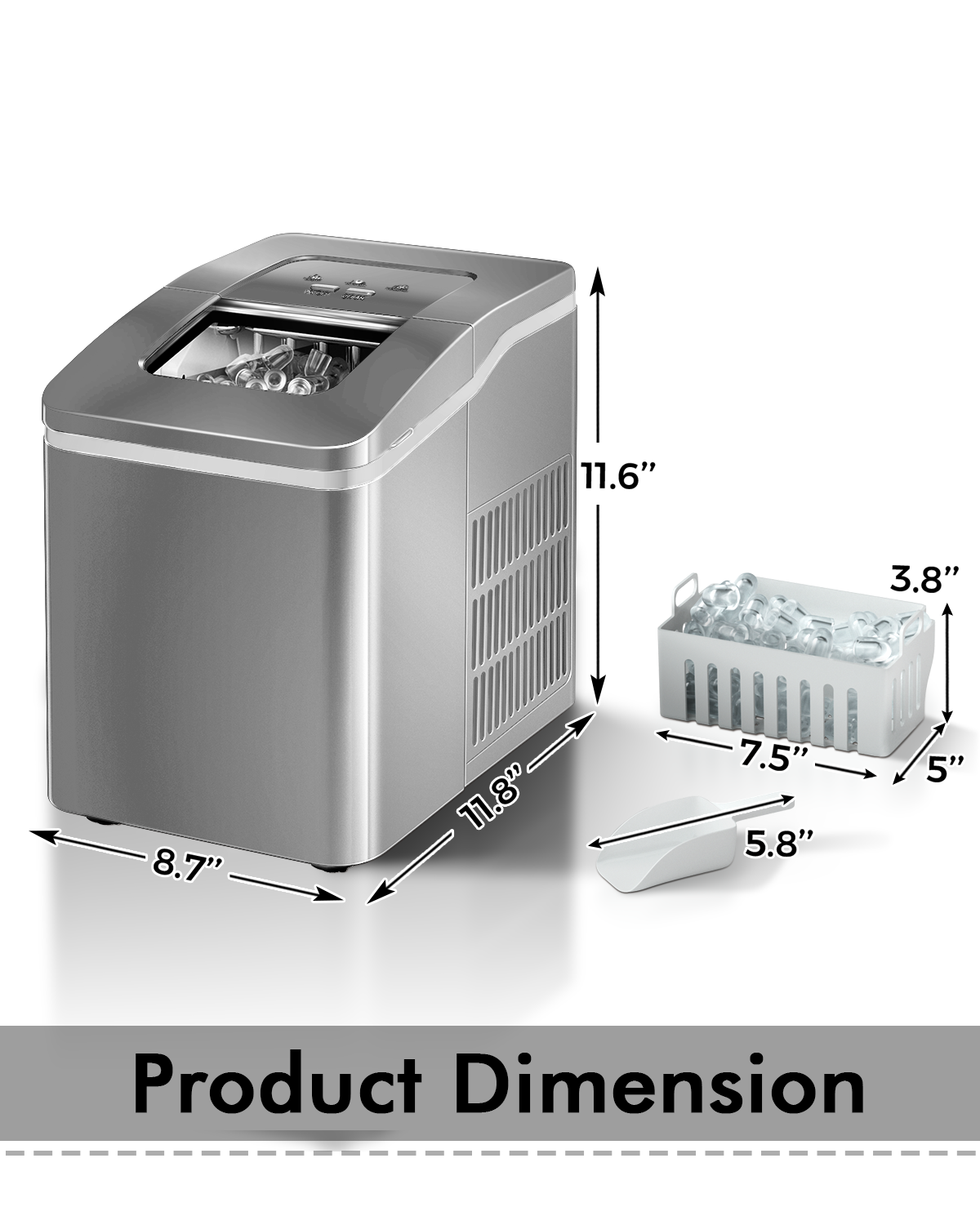 26lbs/24h Portable Countertop Ice Maker Machine with Scoop 9 Ice Cubes Ready in 8 minutes-Silver Kids Crystal