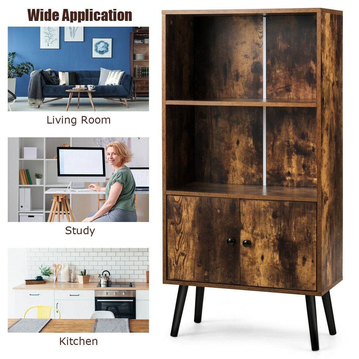 2-Tier Retro Bookcase Bookshelf with 3 Compartment-Coffee Kids Crystal