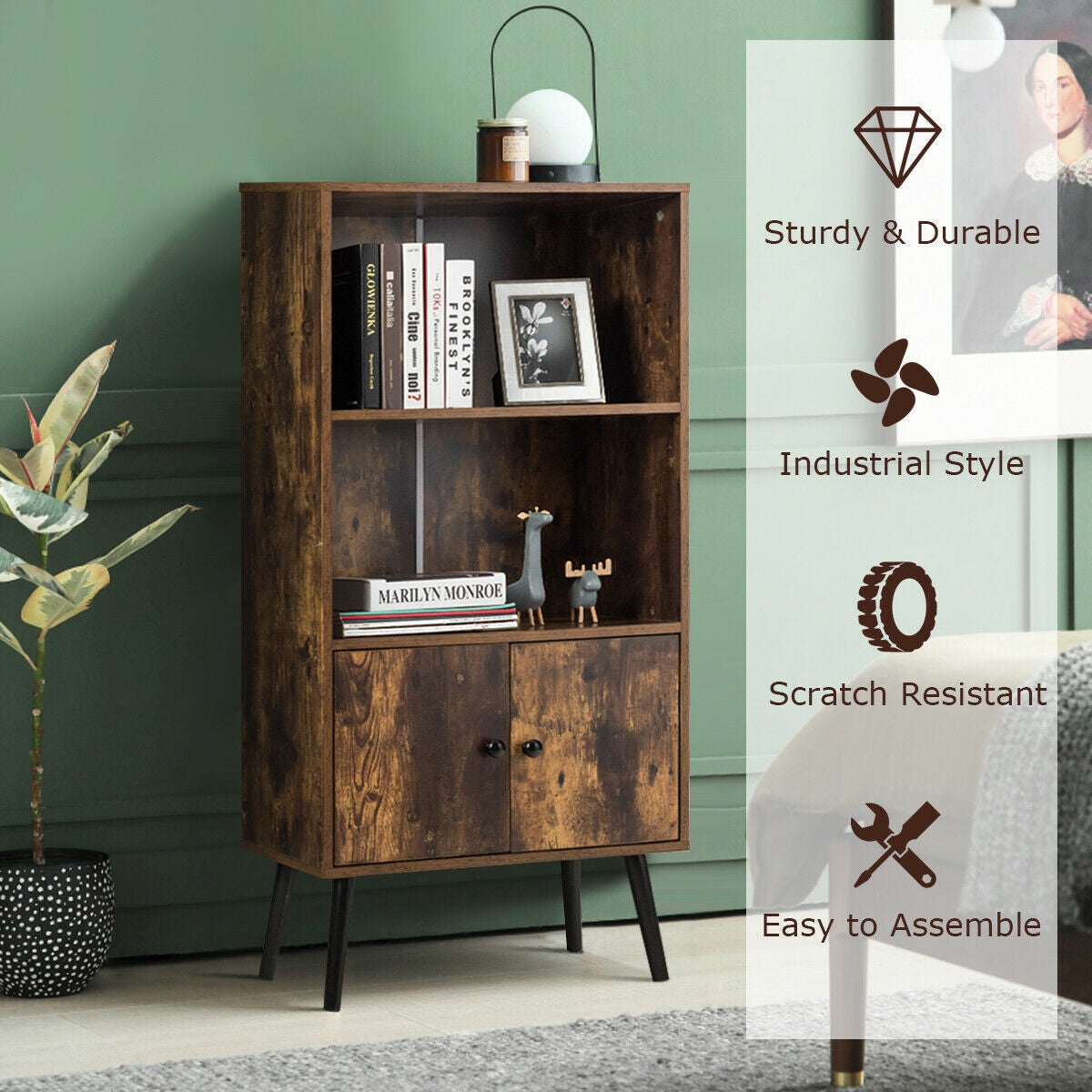 2-Tier Retro Bookcase Bookshelf with 3 Compartment-Coffee Kids Crystal