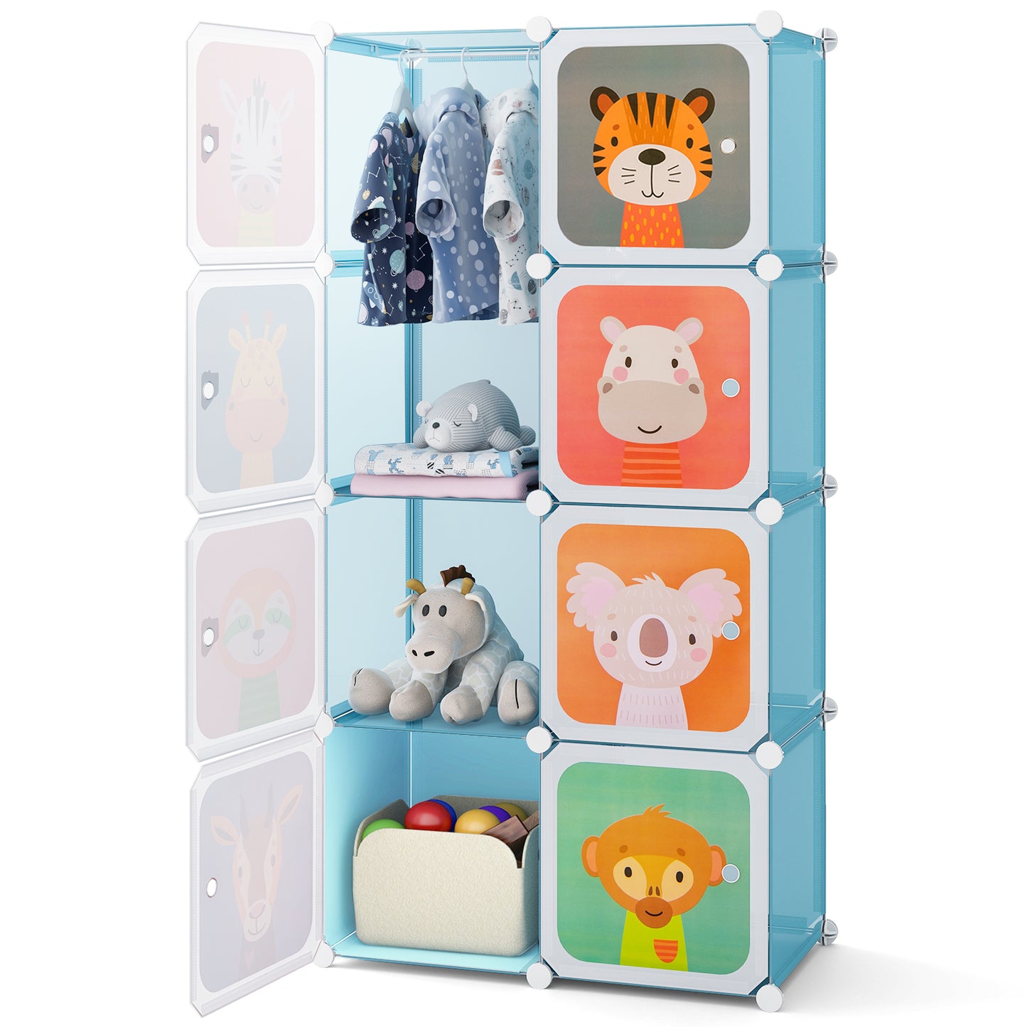 8-Cube Kids Wardrobe Closet with Clothes Hanging Section and Doors-Blue Kids Crystal