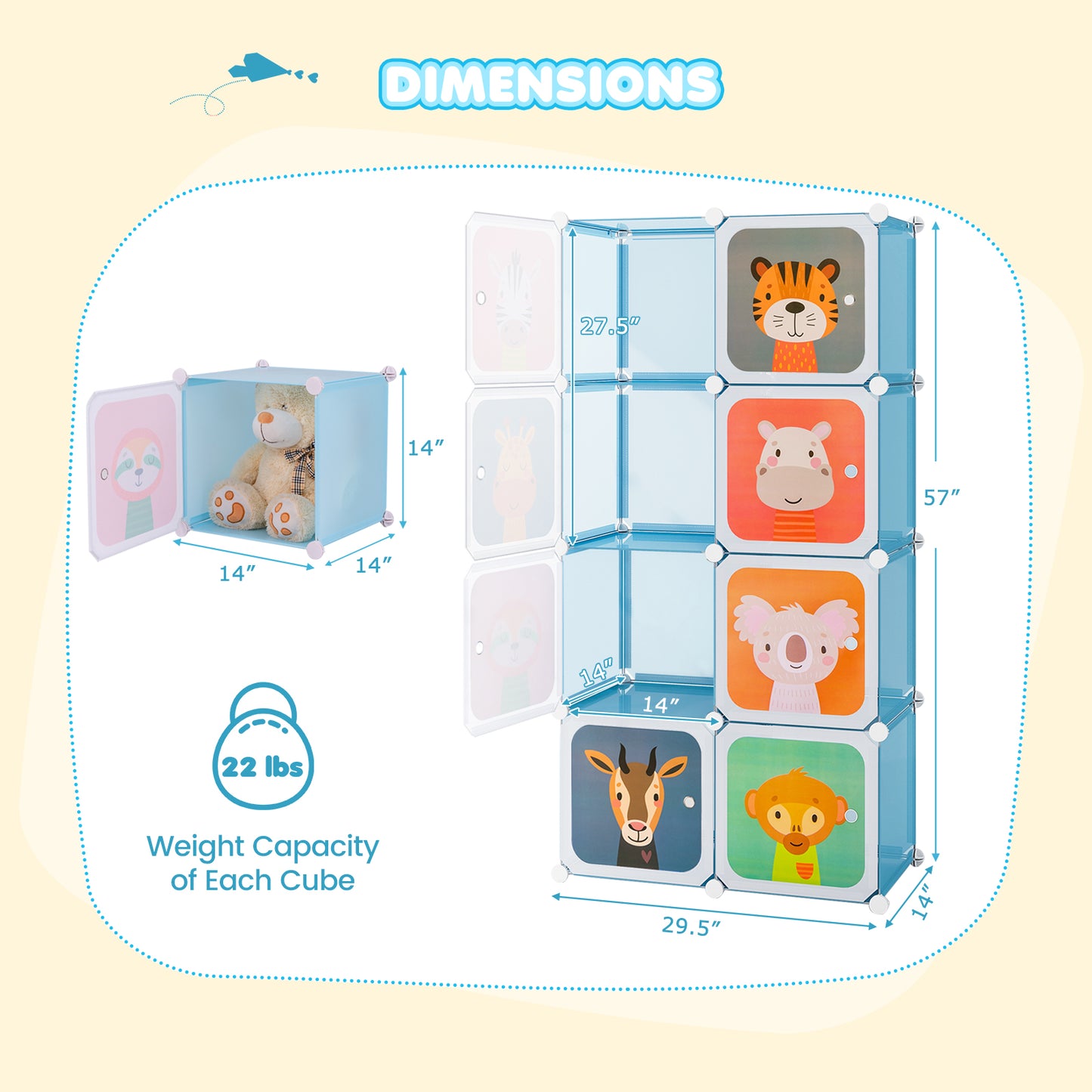8-Cube Kids Wardrobe Closet with Clothes Hanging Section and Doors-Blue Kids Crystal