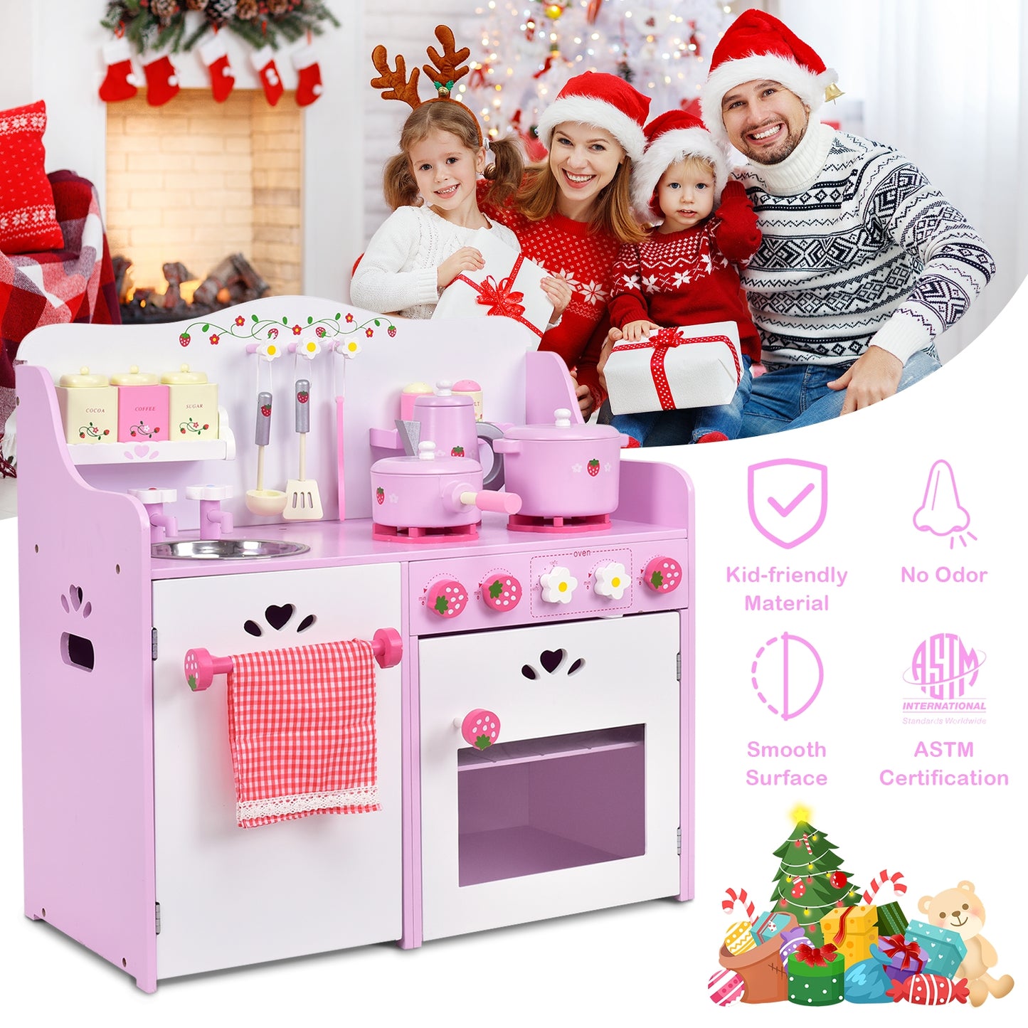 Kids Wooden Kitchen Toy Strawberry Pretend Cooking Playset Kids Crystal