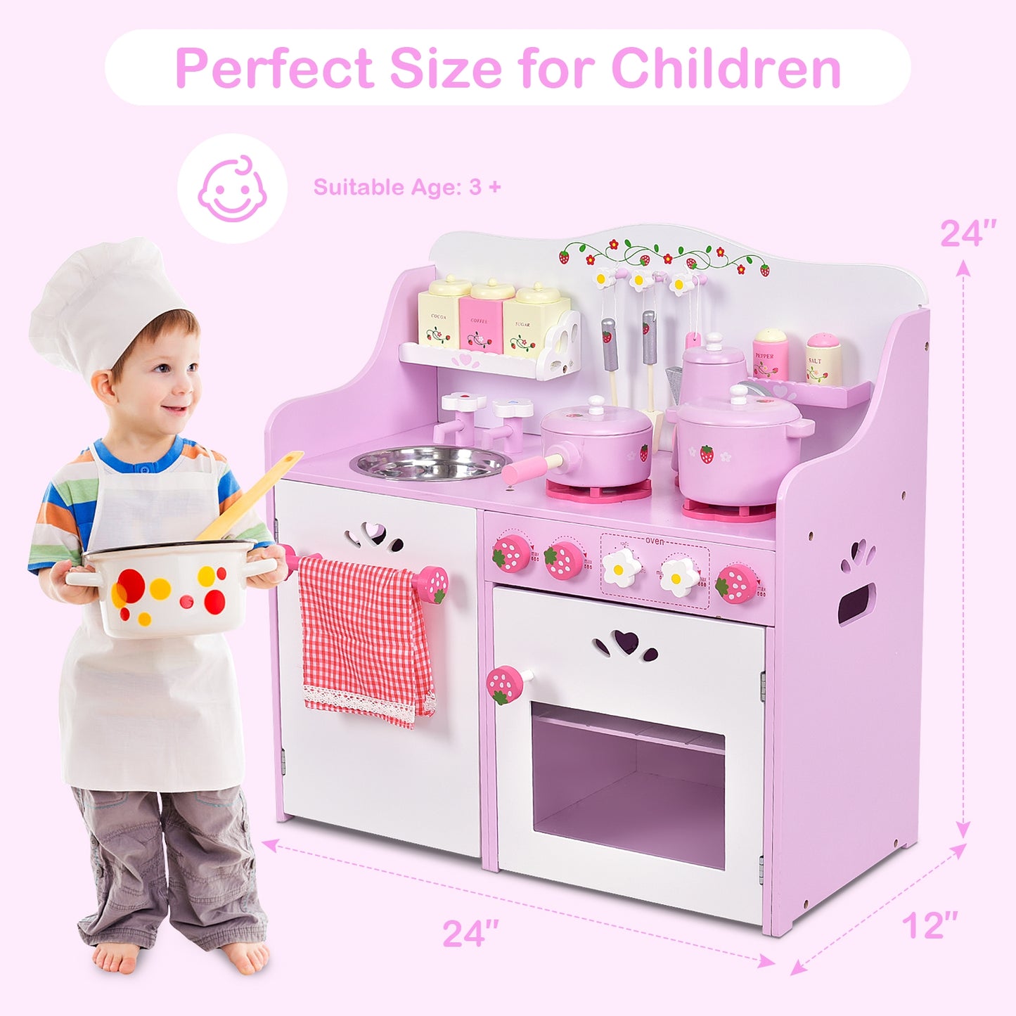 Kids Wooden Kitchen Toy Strawberry Pretend Cooking Playset Kids Crystal