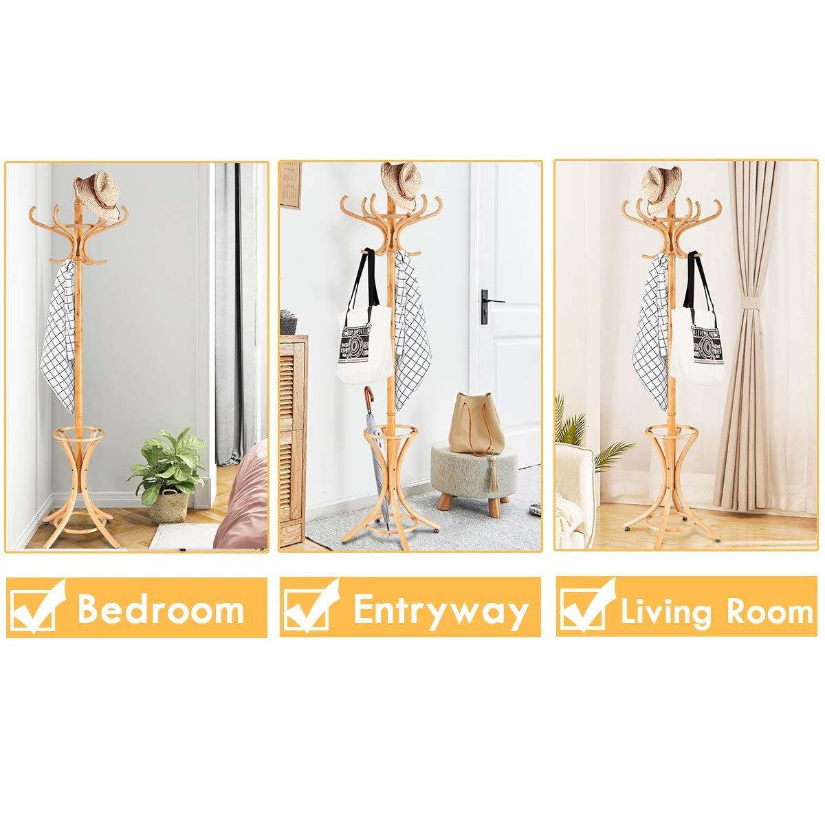 Wood Standing Hat Coat Rack with Umbrella Stand-Natural Kids Crystal