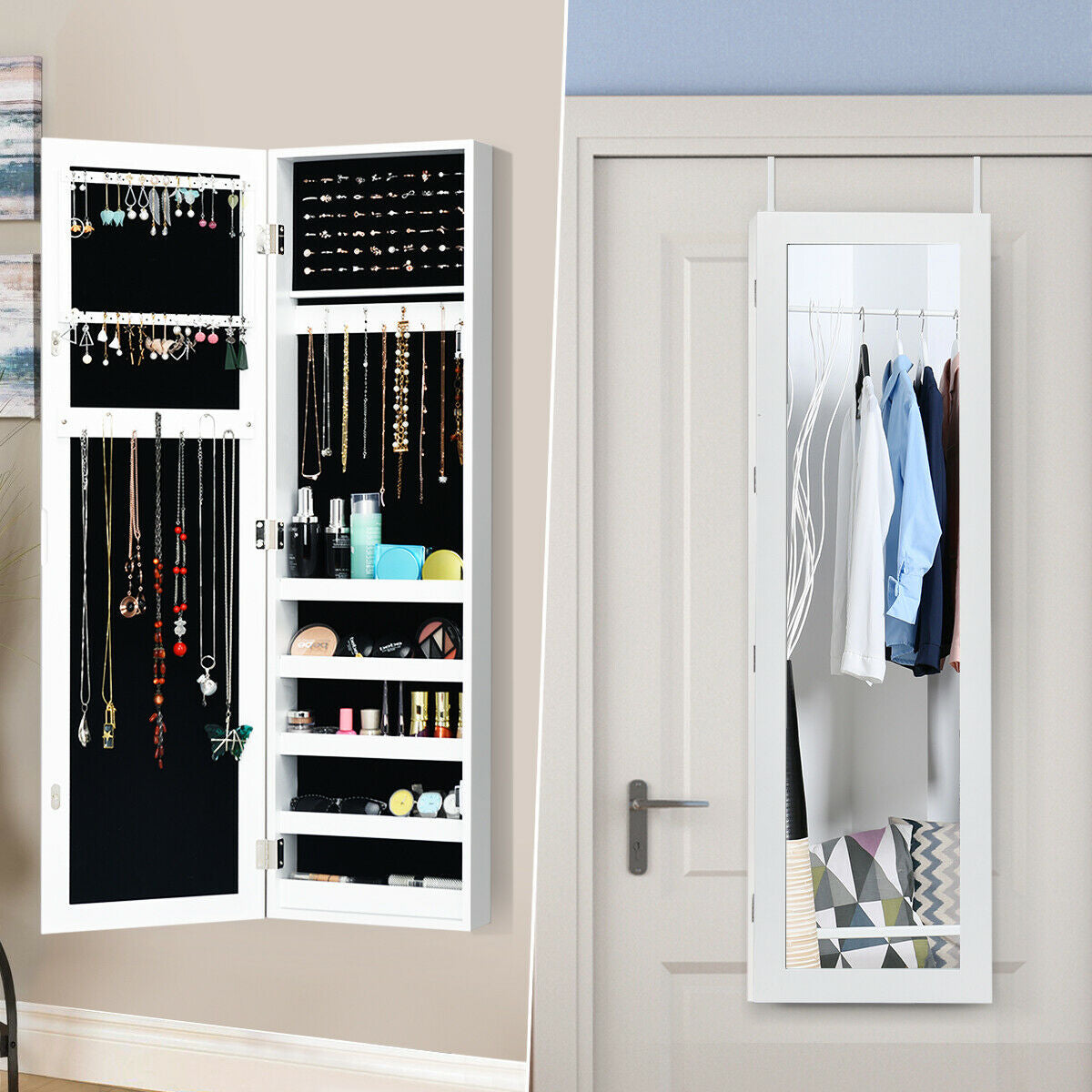 Door and Wall Mounted Armoire Jewelry Cabinet with Full-Length Mirror Kids Crystal