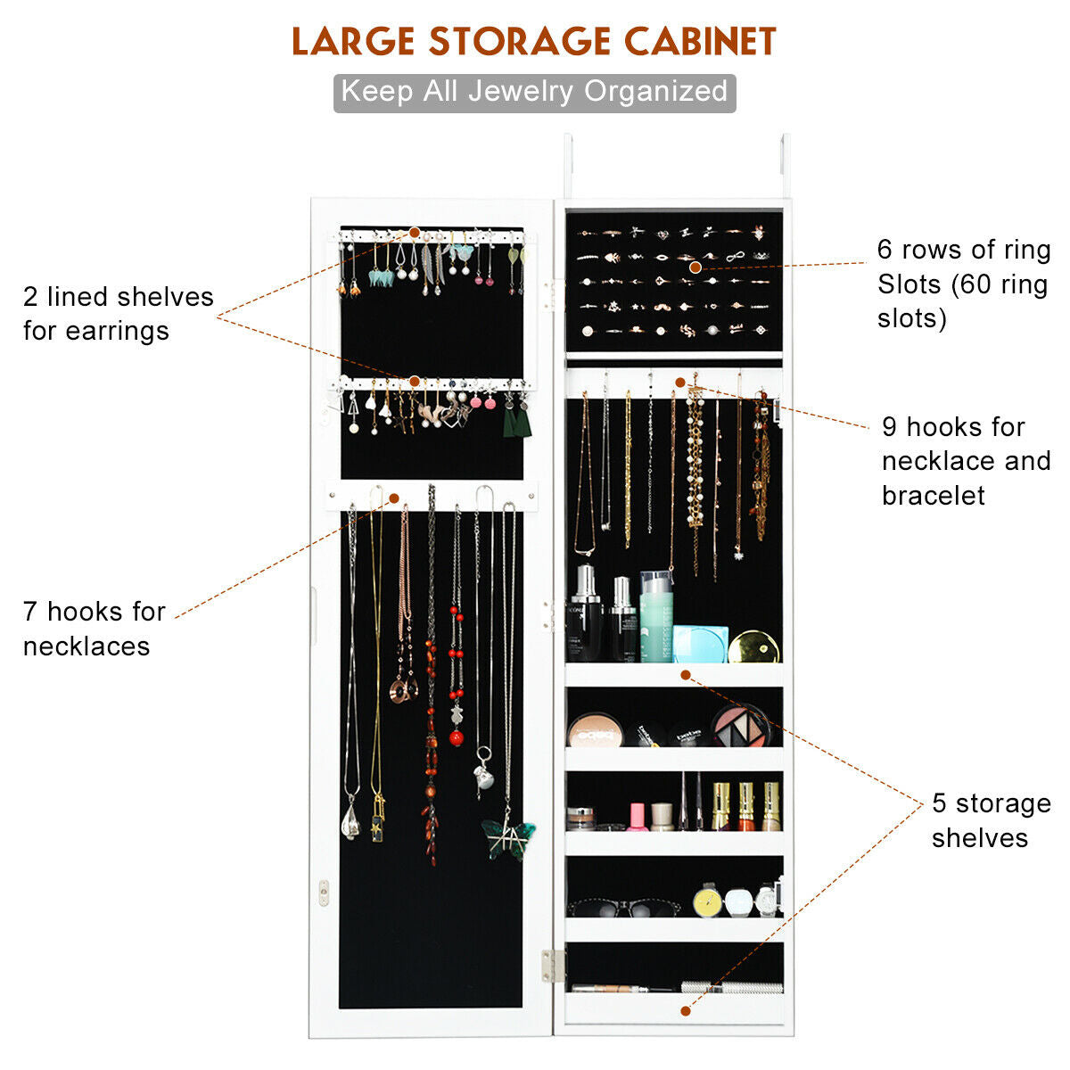 Door and Wall Mounted Armoire Jewelry Cabinet with Full-Length Mirror Kids Crystal