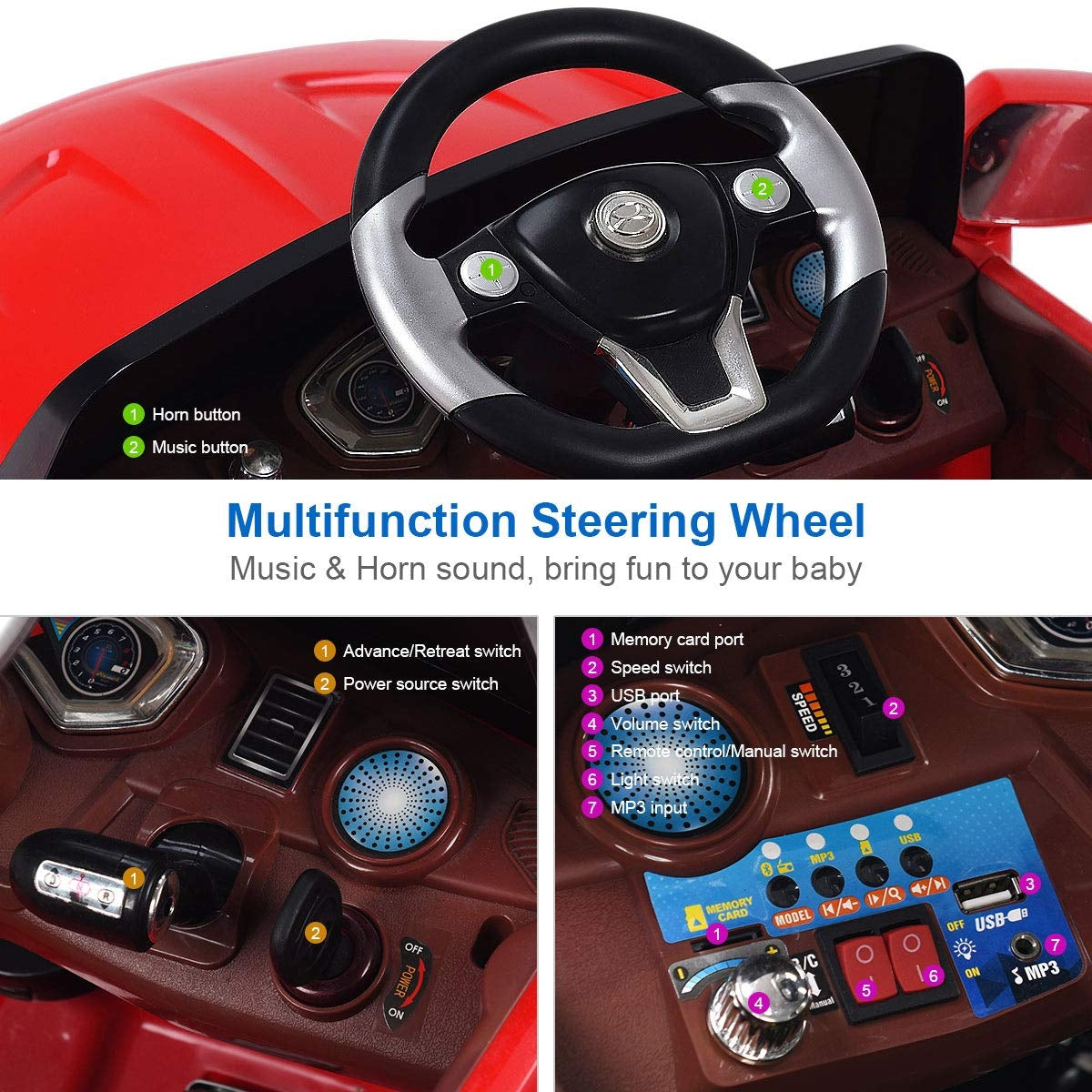 6 V Kids Ride on Car w/ RC + LED Lights + MP3- Red