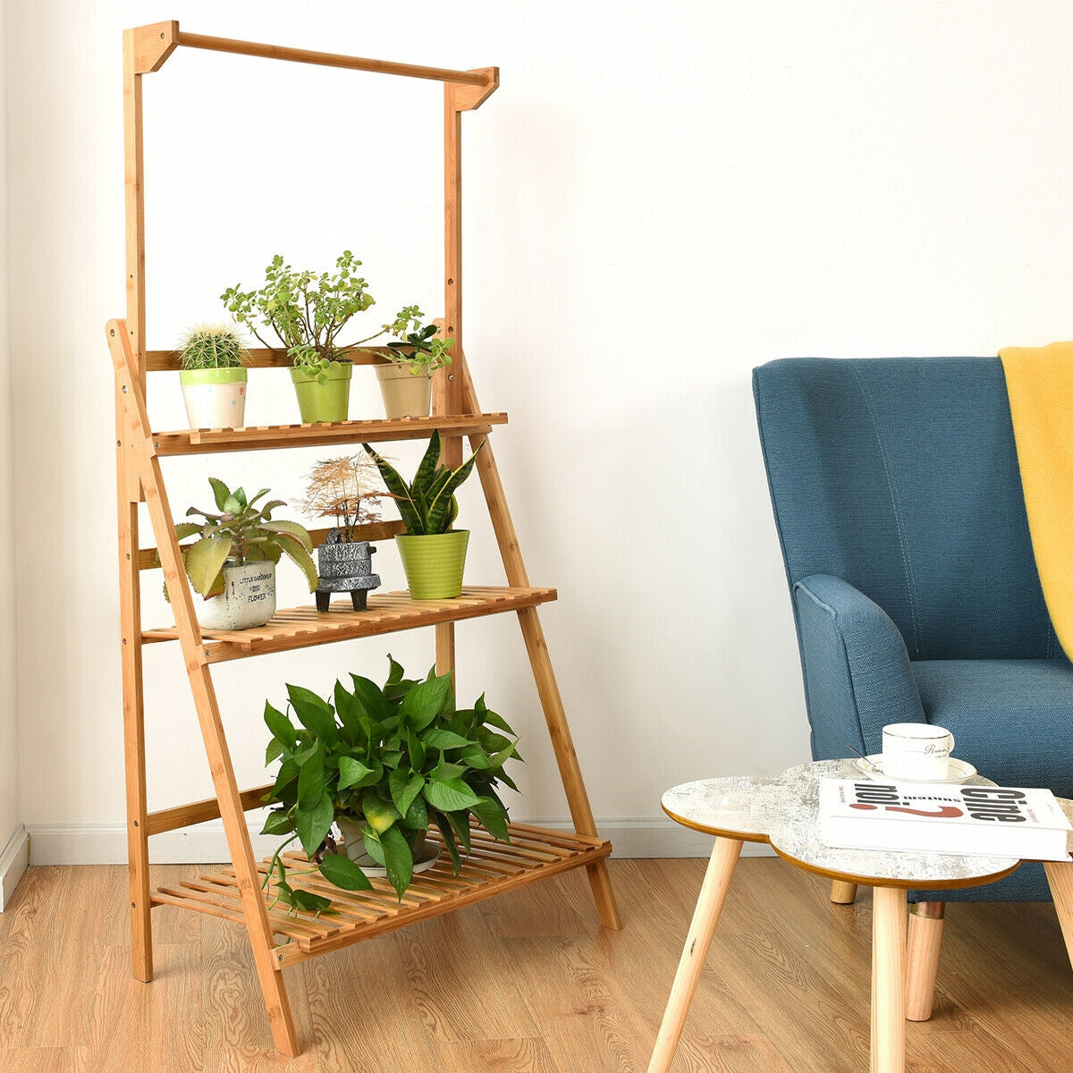 3 Tiers Bamboo Hanging Folding Plant Shelf Stand Kids Crystal