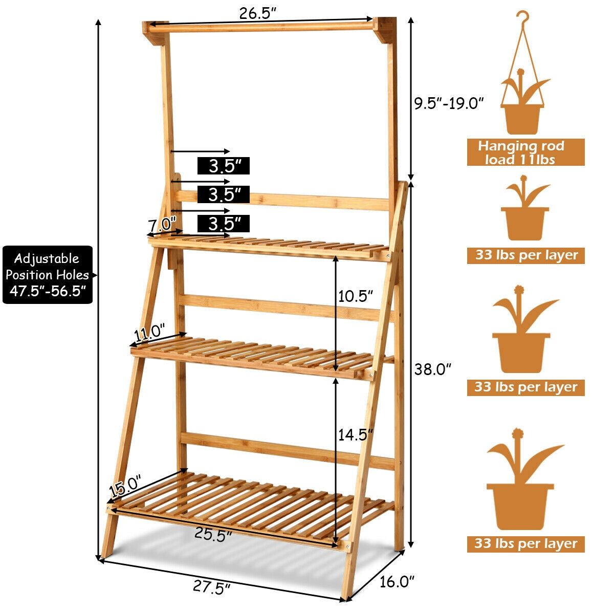 3 Tiers Bamboo Hanging Folding Plant Shelf Stand Kids Crystal