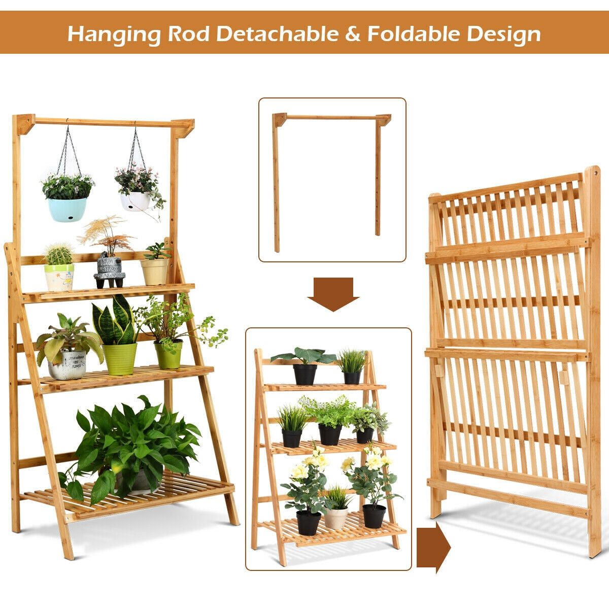 3 Tiers Bamboo Hanging Folding Plant Shelf Stand Kids Crystal