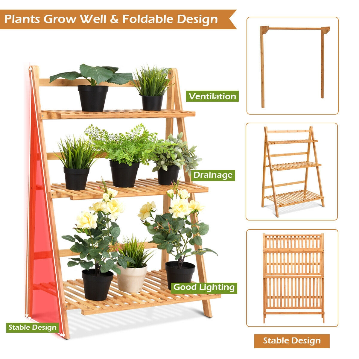 3 Tiers Bamboo Hanging Folding Plant Shelf Stand Kids Crystal