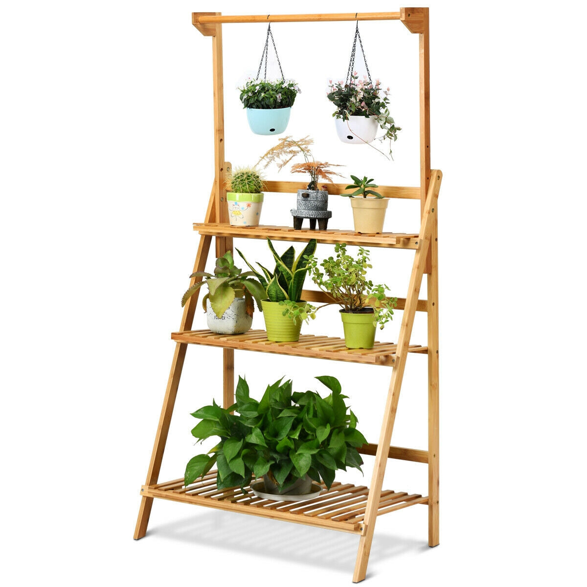3 Tiers Bamboo Hanging Folding Plant Shelf Stand Kids Crystal