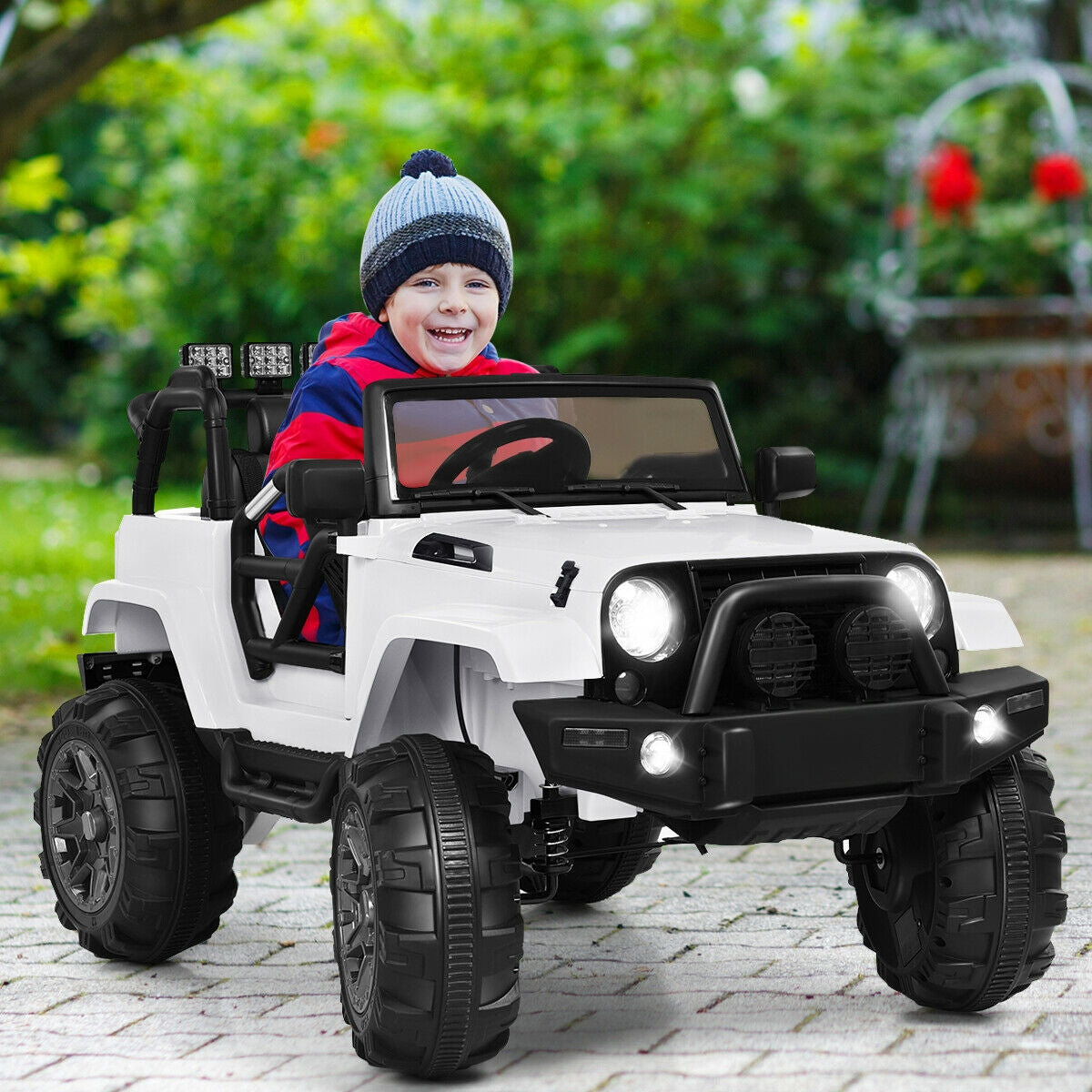 12V Kids Remote Control Riding Truck Car with LED Lights-White Kids Crystal