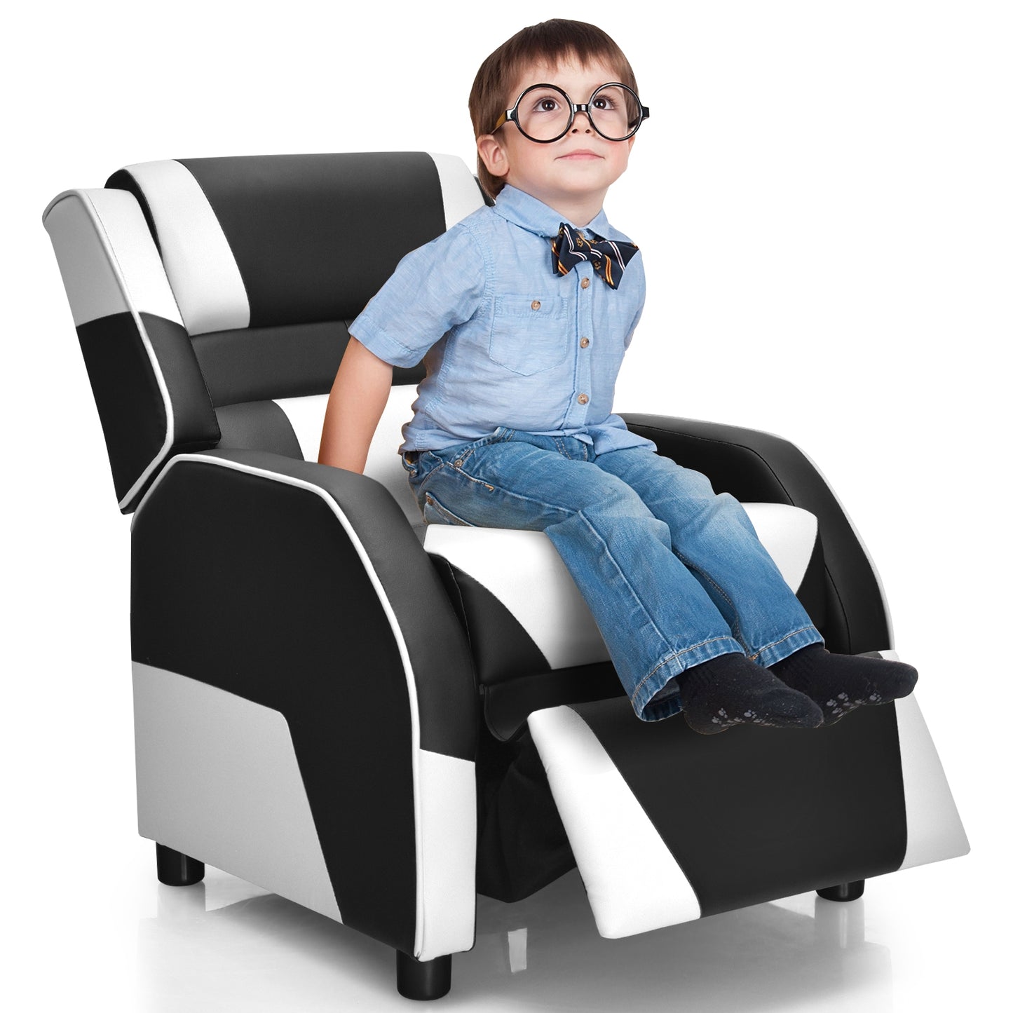 Kids Youth PU Leather Gaming Sofa Recliner with Headrest and Footrest-White Kids Crystal
