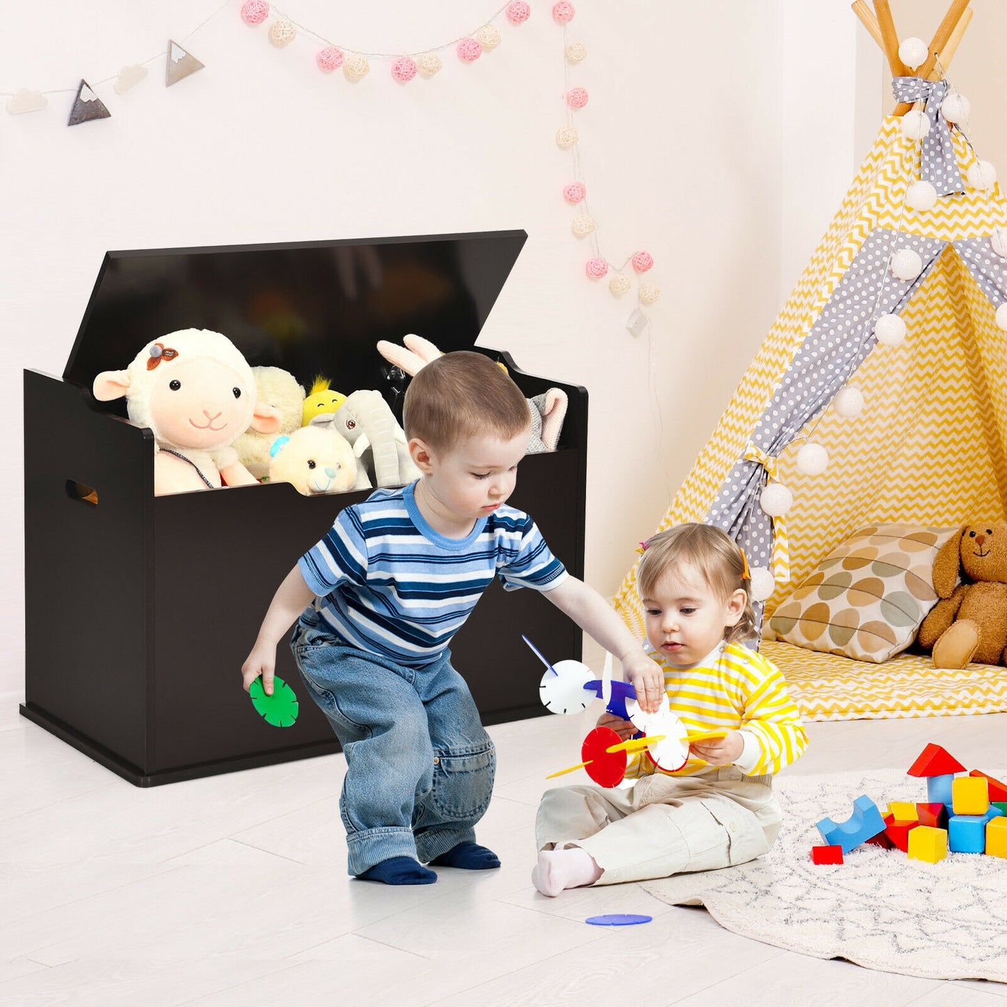 Kids Toy Wooden Flip-top Storage Box Chest Bench with Cushion Hinge-Brown Kids Crystal