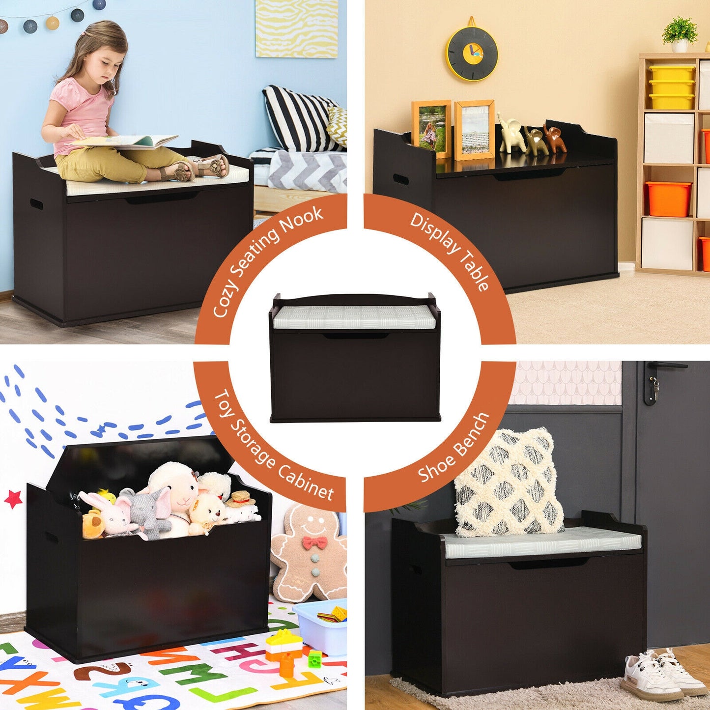 Kids Toy Wooden Flip-top Storage Box Chest Bench with Cushion Hinge-Brown Kids Crystal