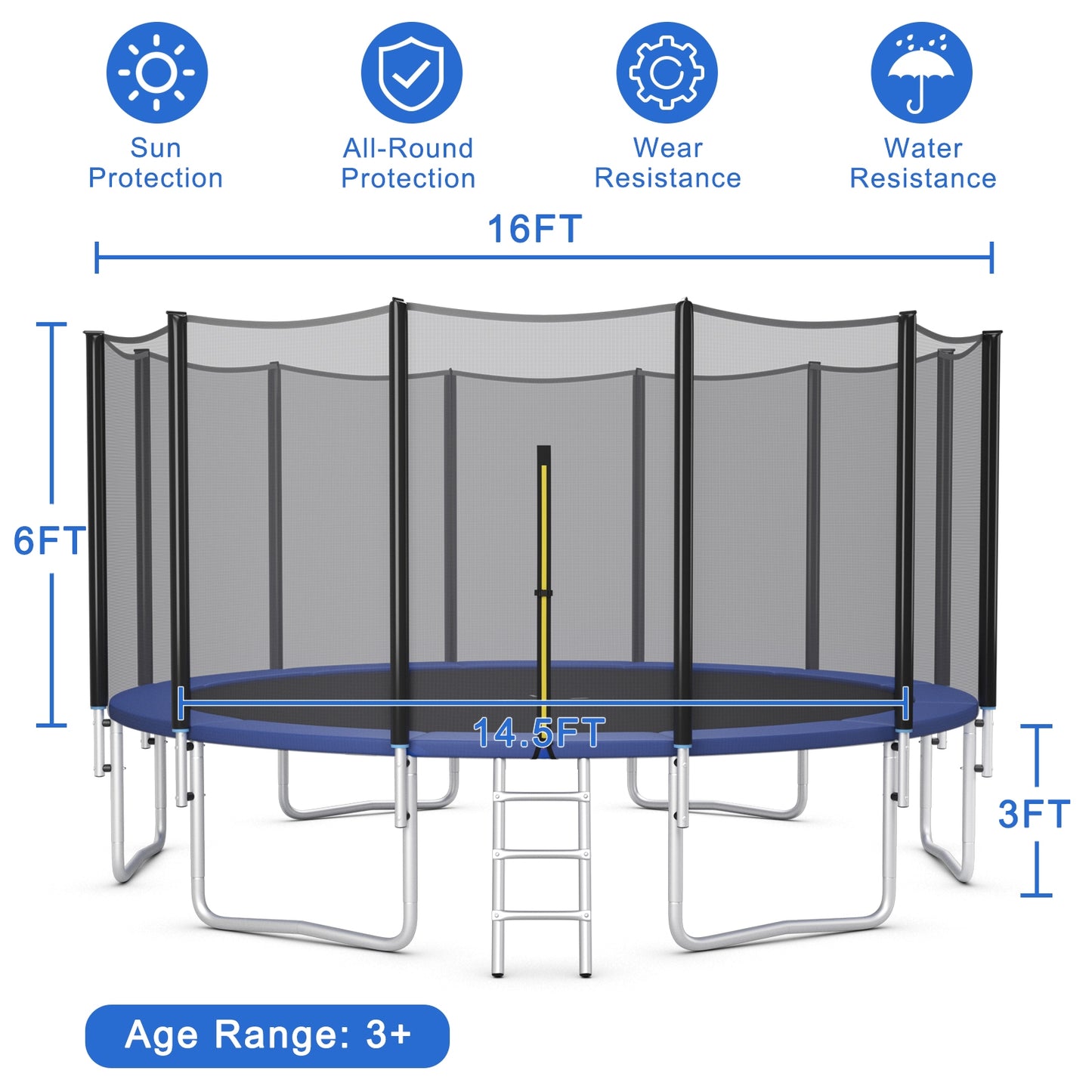 8/10/12/14/15/16 Feet Outdoor Trampoline Bounce Combo with Safety Closure Net Ladder-16 ft Kids Crystal