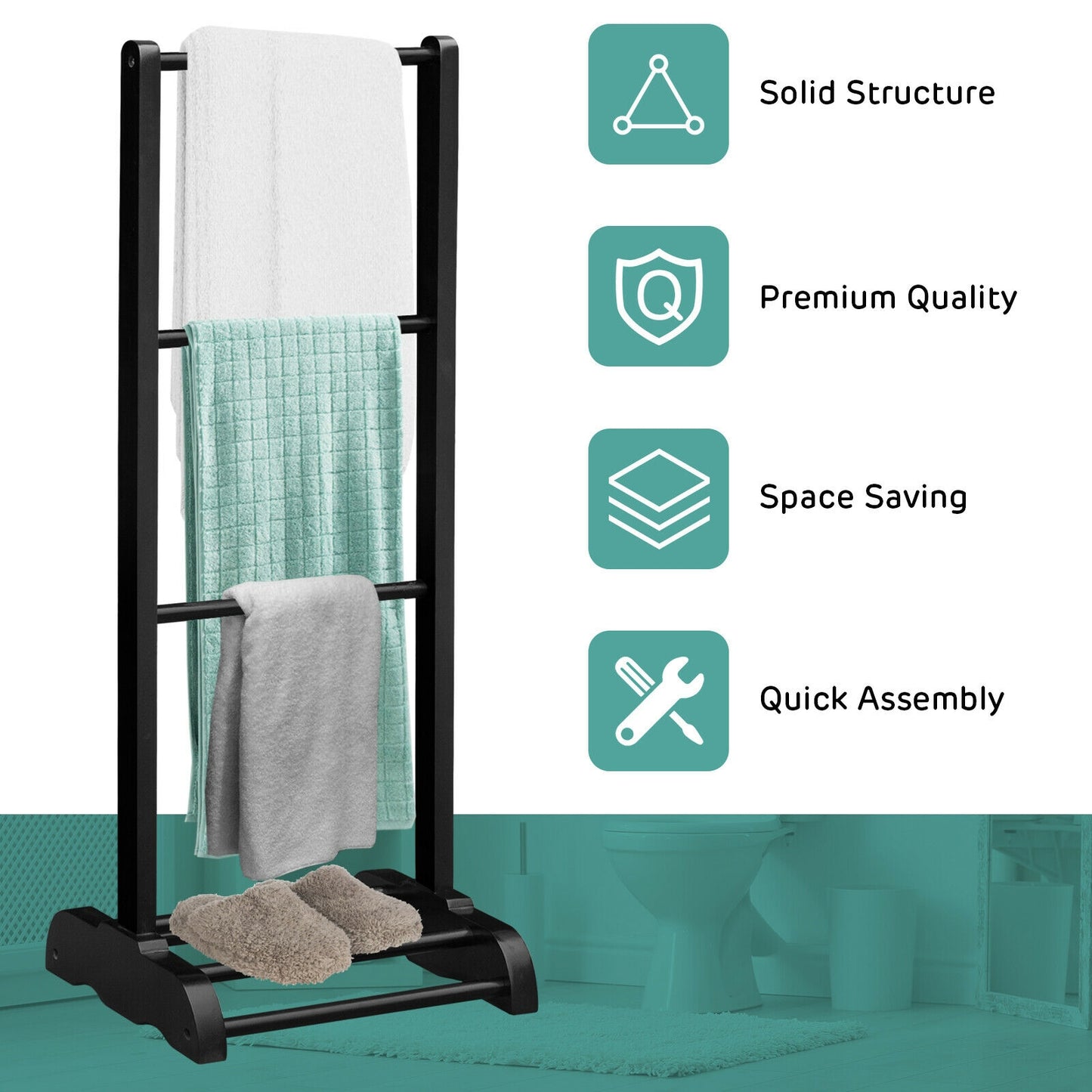 3-Bar Acacia Wood Freestanding Bathroom Towel Rack with Bottom Storage Shelf-Black Kids Crystal