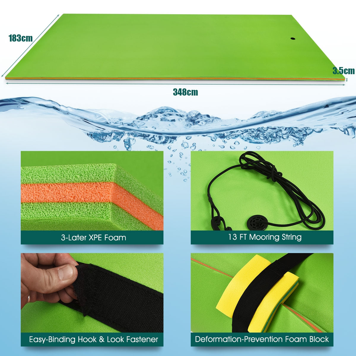 12’ x 6’ 3 Layer Floating Water Pad-Green Kids Crystal
