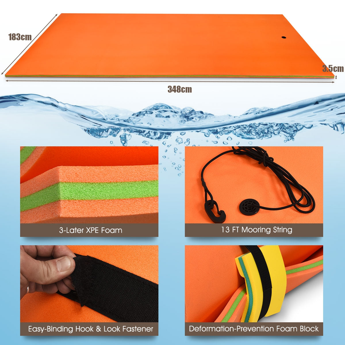 12 x 6 Feet 3 Layer Floating Water Pad-Orange Kids Crystal