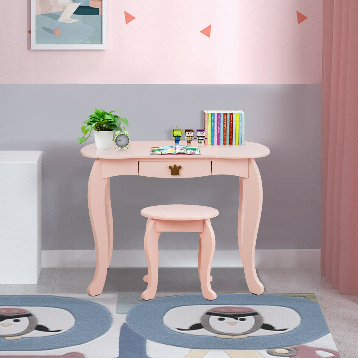 Kids Makeup Dressing Table with Tri-folding Mirror and Stool-Pink Kids Crystal