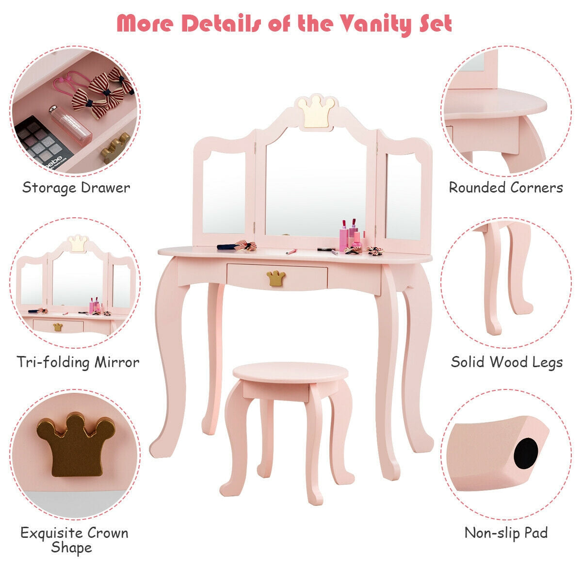 Kids Makeup Dressing Table with Tri-folding Mirror and Stool-Pink Kids Crystal