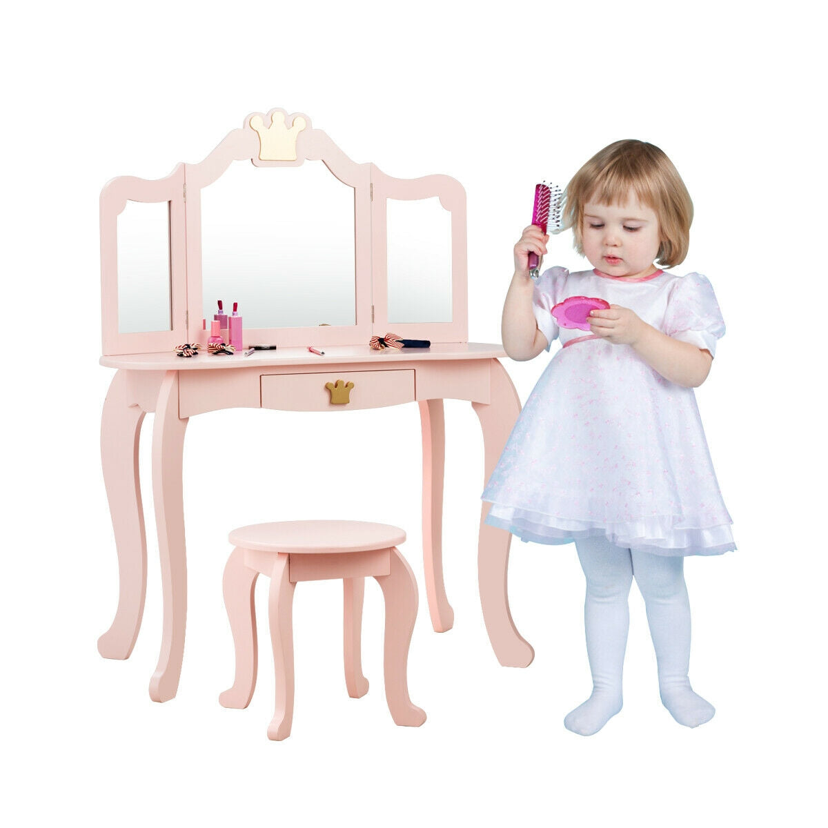 Kids Makeup Dressing Table with Tri-folding Mirror and Stool-Pink Kids Crystal