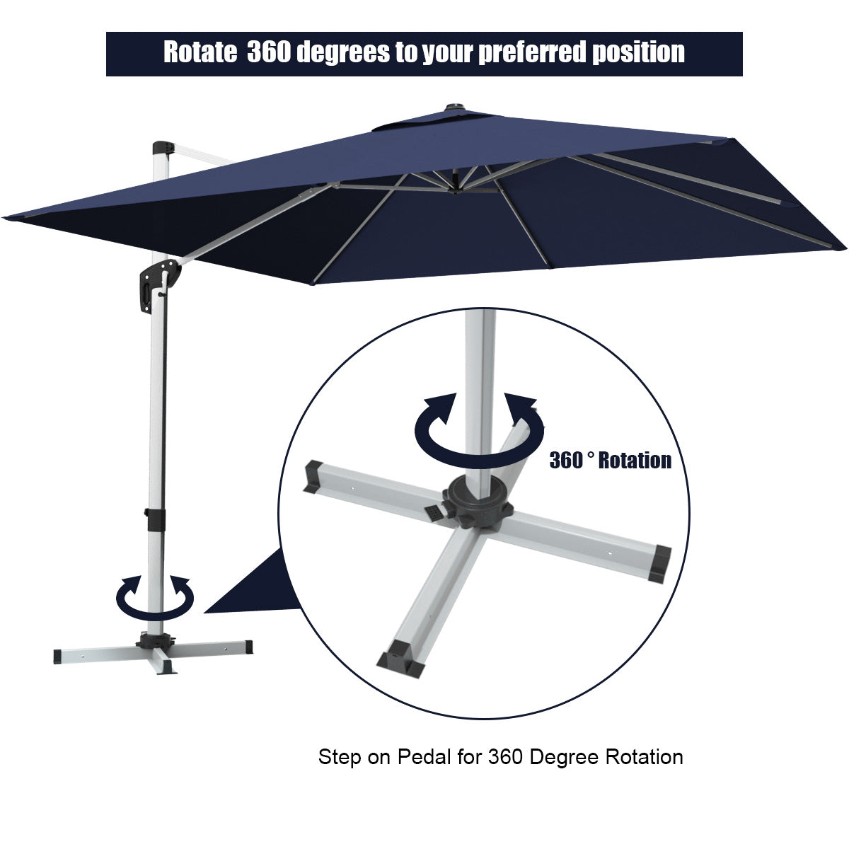 10 Feet 360° Tilt Aluminum Square Patio Umbrella without Weight Base-Navy Kids Crystal