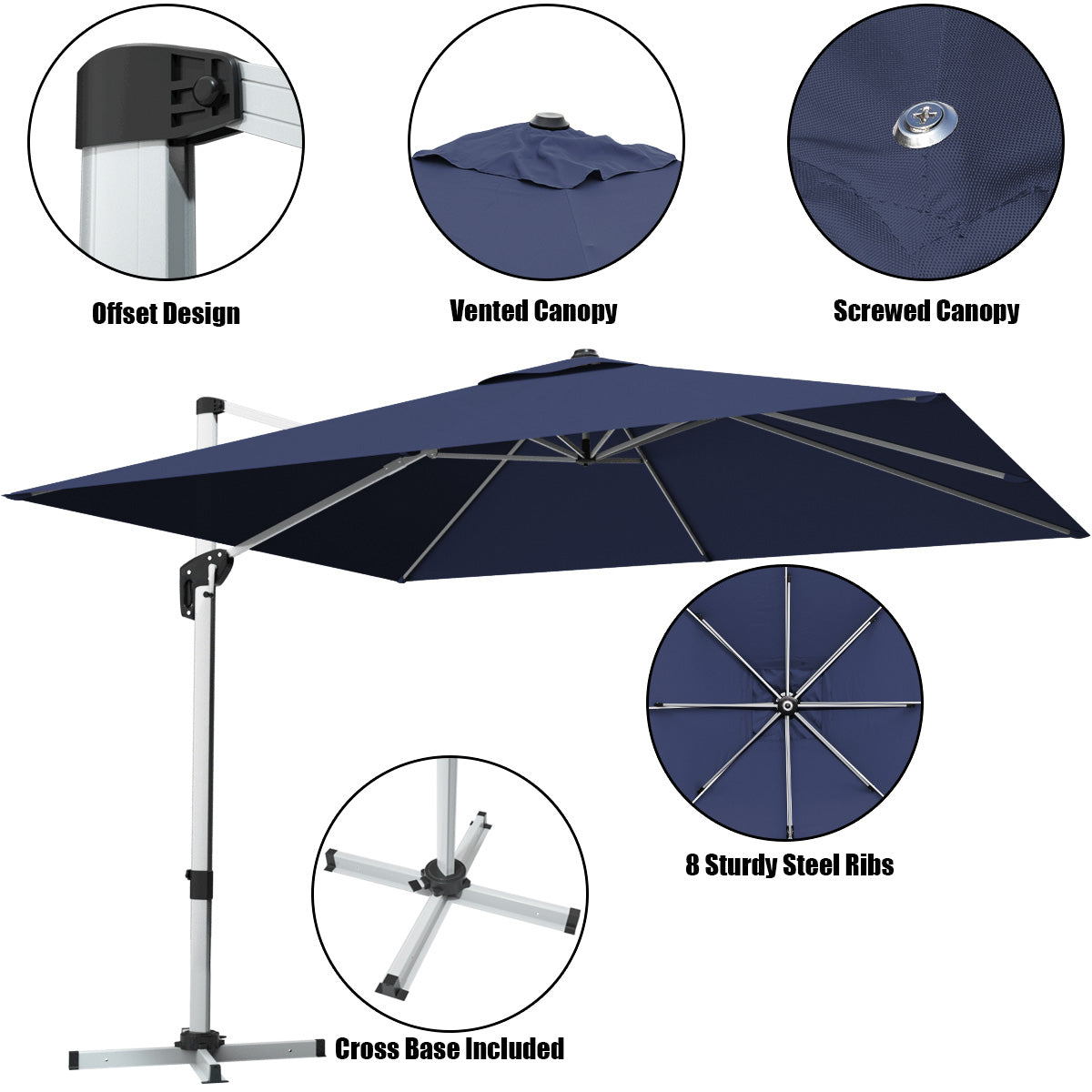 10 Feet 360° Tilt Aluminum Square Patio Umbrella without Weight Base-Navy Kids Crystal