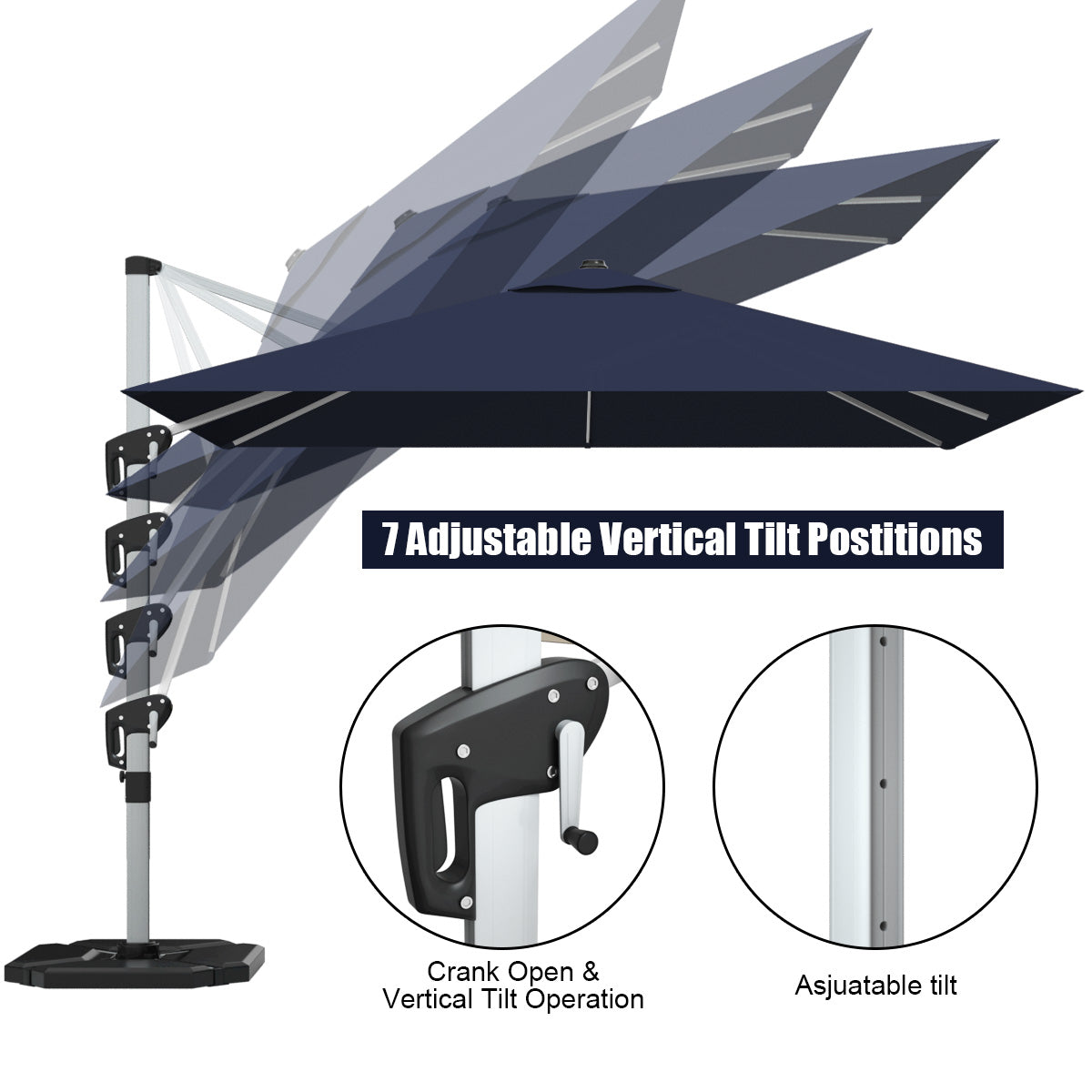 10 Feet 360° Tilt Aluminum Square Patio Umbrella without Weight Base-Navy Kids Crystal