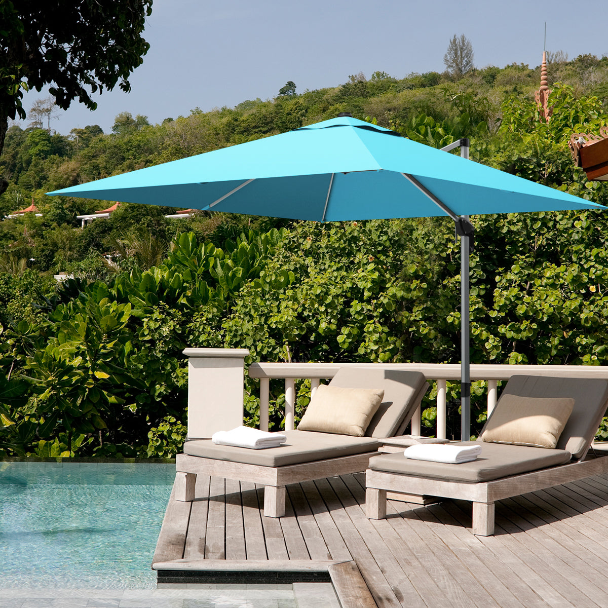 10 ft 360 Degree Tilt Aluminum Square Patio Offset Cantilever Umbrella without Weight Base-Blue Kids Crystal