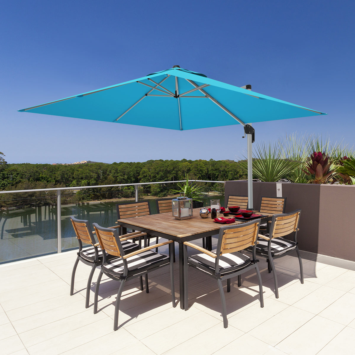 10 ft 360 Degree Tilt Aluminum Square Patio Offset Cantilever Umbrella without Weight Base-Blue Kids Crystal