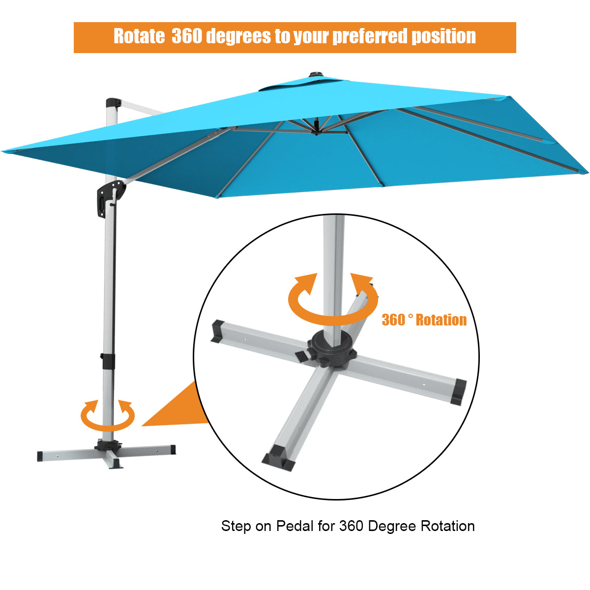 10 ft 360 Degree Tilt Aluminum Square Patio Offset Cantilever Umbrella without Weight Base-Blue Kids Crystal
