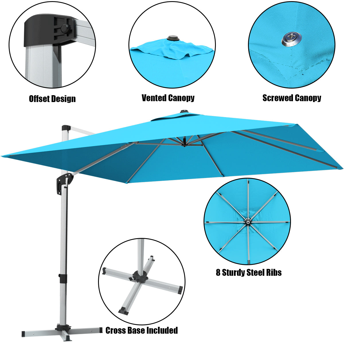 10 ft 360 Degree Tilt Aluminum Square Patio Offset Cantilever Umbrella without Weight Base-Blue Kids Crystal