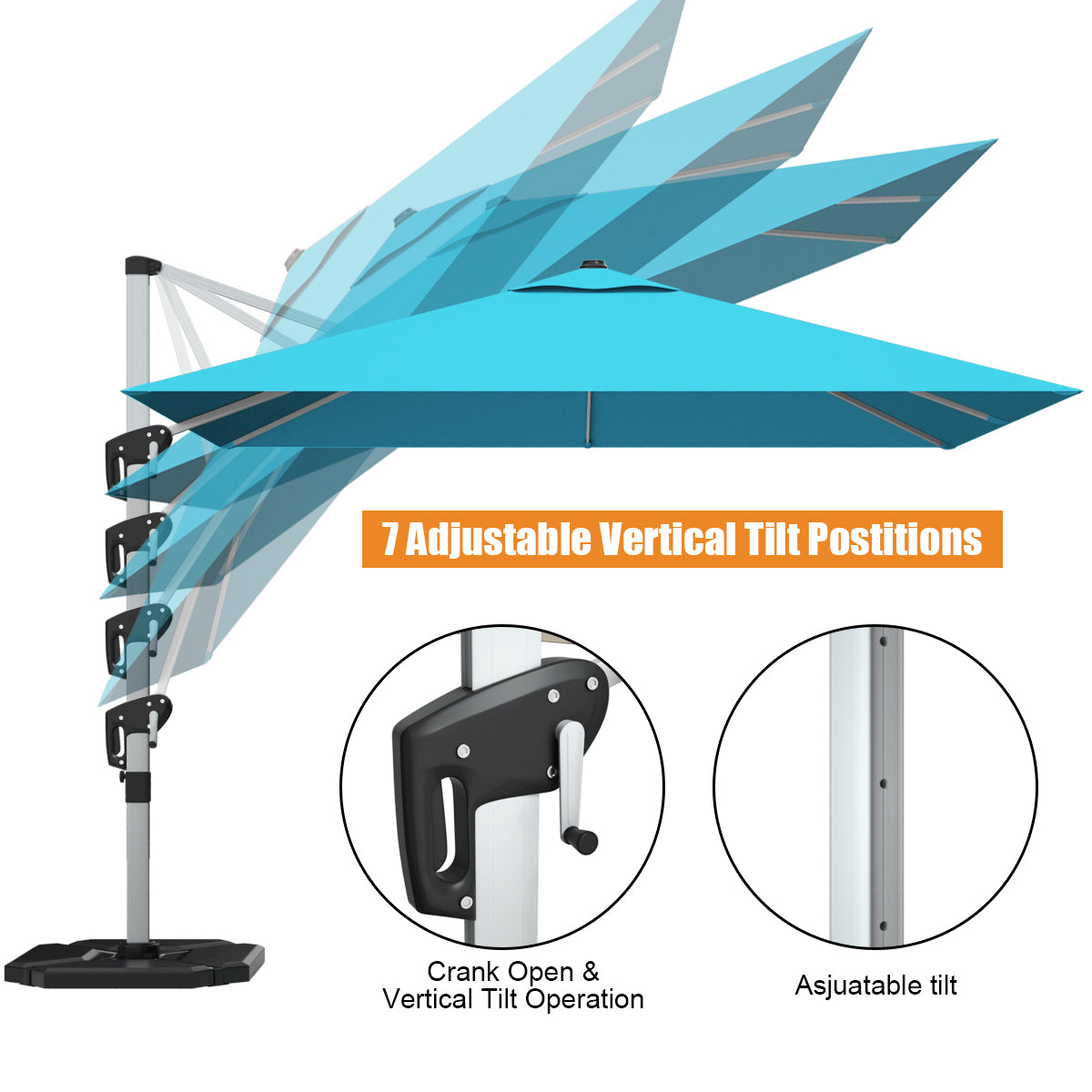 10 ft 360 Degree Tilt Aluminum Square Patio Offset Cantilever Umbrella without Weight Base-Blue Kids Crystal