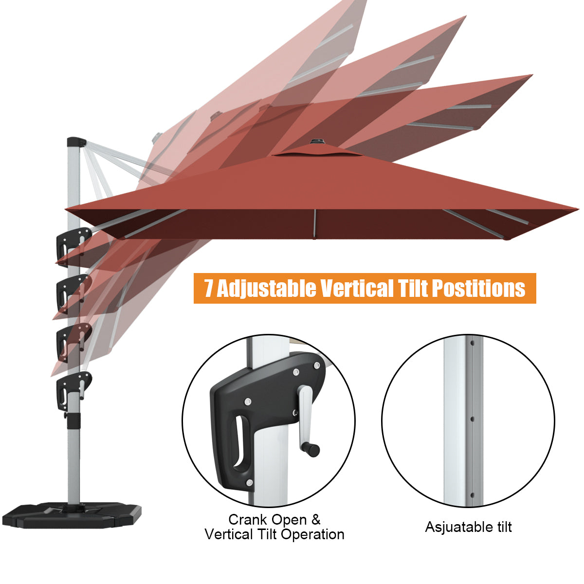 10 ft 360 Degree Tilt Aluminum Square Patio Offset Cantilever Umbrella without Weight Base-Brick red Kids Crystal