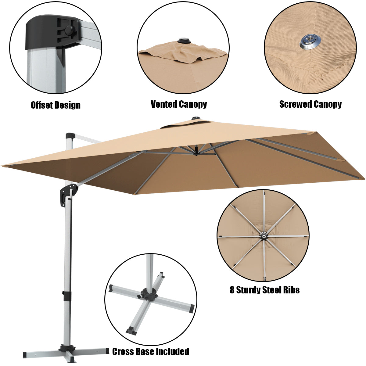 10 ft 360 Degree Tilt Aluminum Square Patio Offset Cantilever Umbrella without Weight Base-Beige Kids Crystal