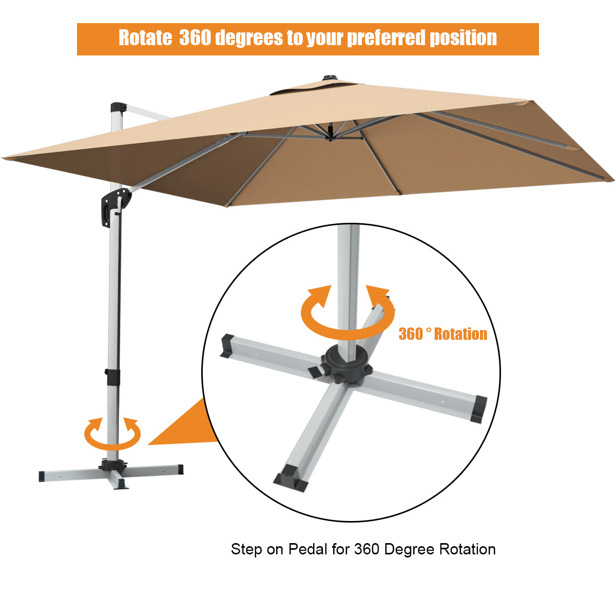 10 ft 360 Degree Tilt Aluminum Square Patio Offset Cantilever Umbrella without Weight Base-Beige Kids Crystal