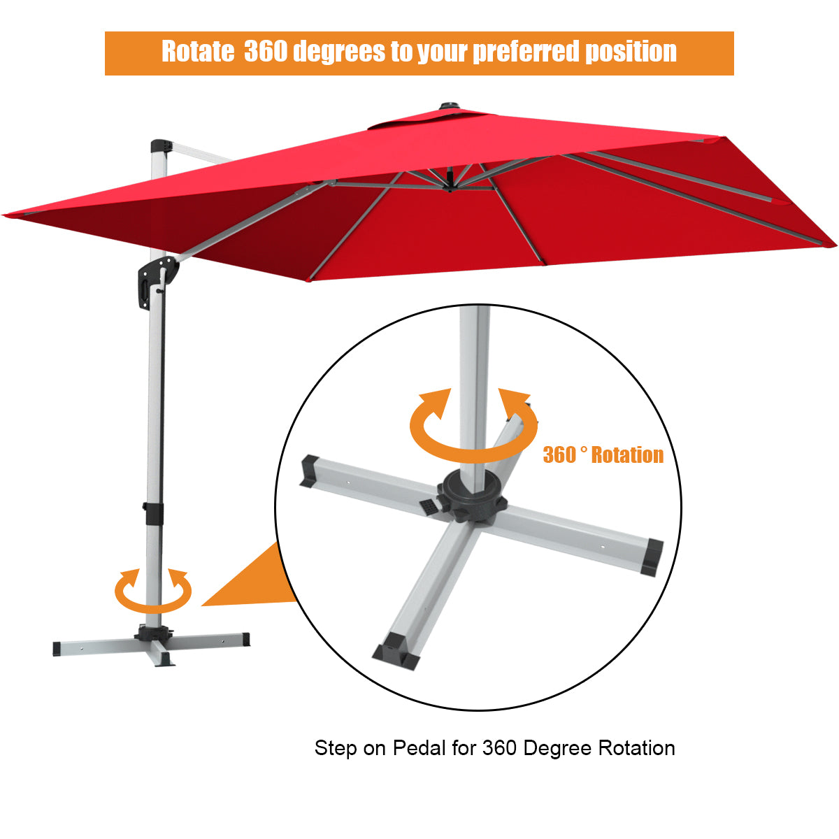 10 ft 360 Degree Tilt Aluminum Square Patio Offset Cantilever Umbrella without Weight Base-Burgundy Kids Crystal