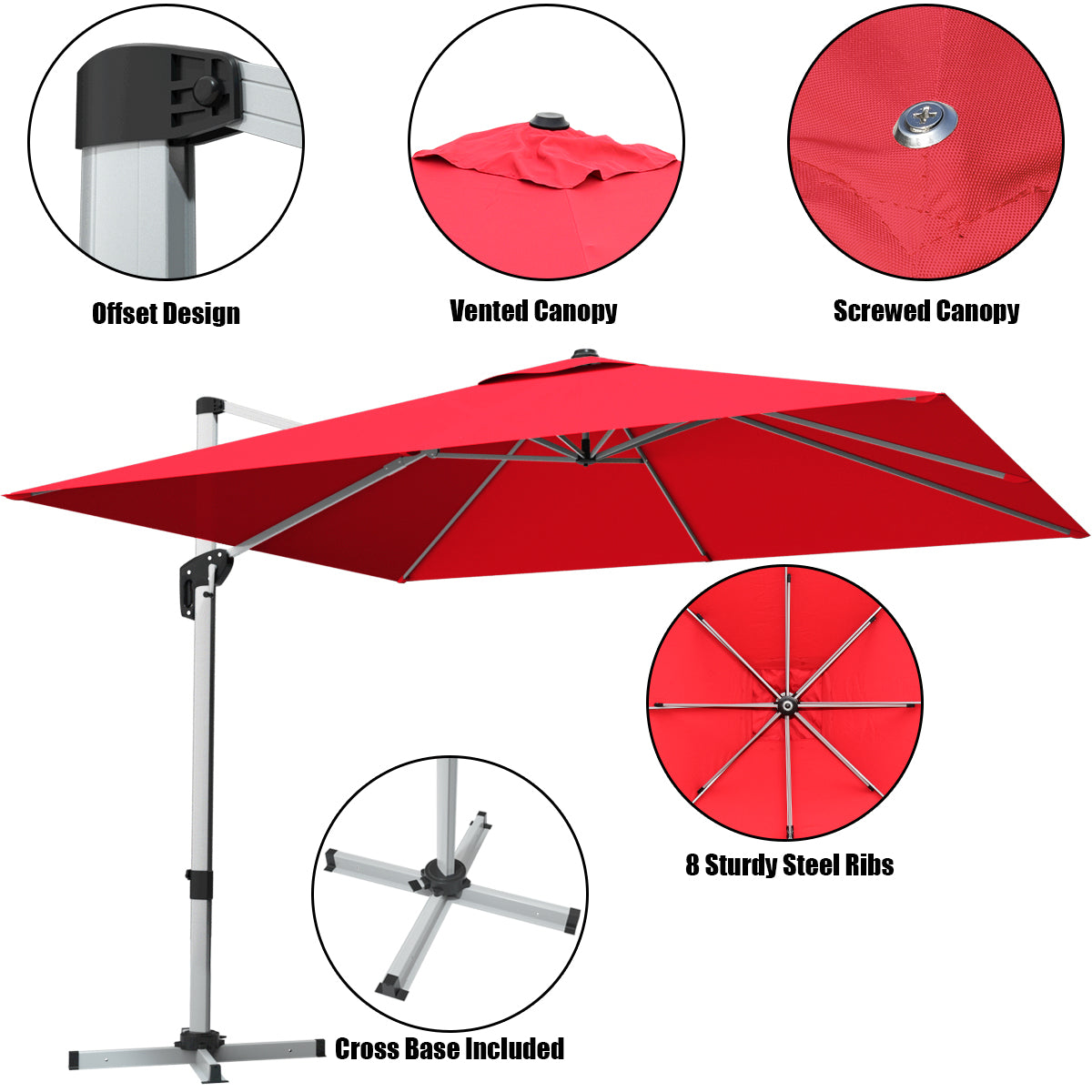 10 ft 360 Degree Tilt Aluminum Square Patio Offset Cantilever Umbrella without Weight Base-Burgundy Kids Crystal