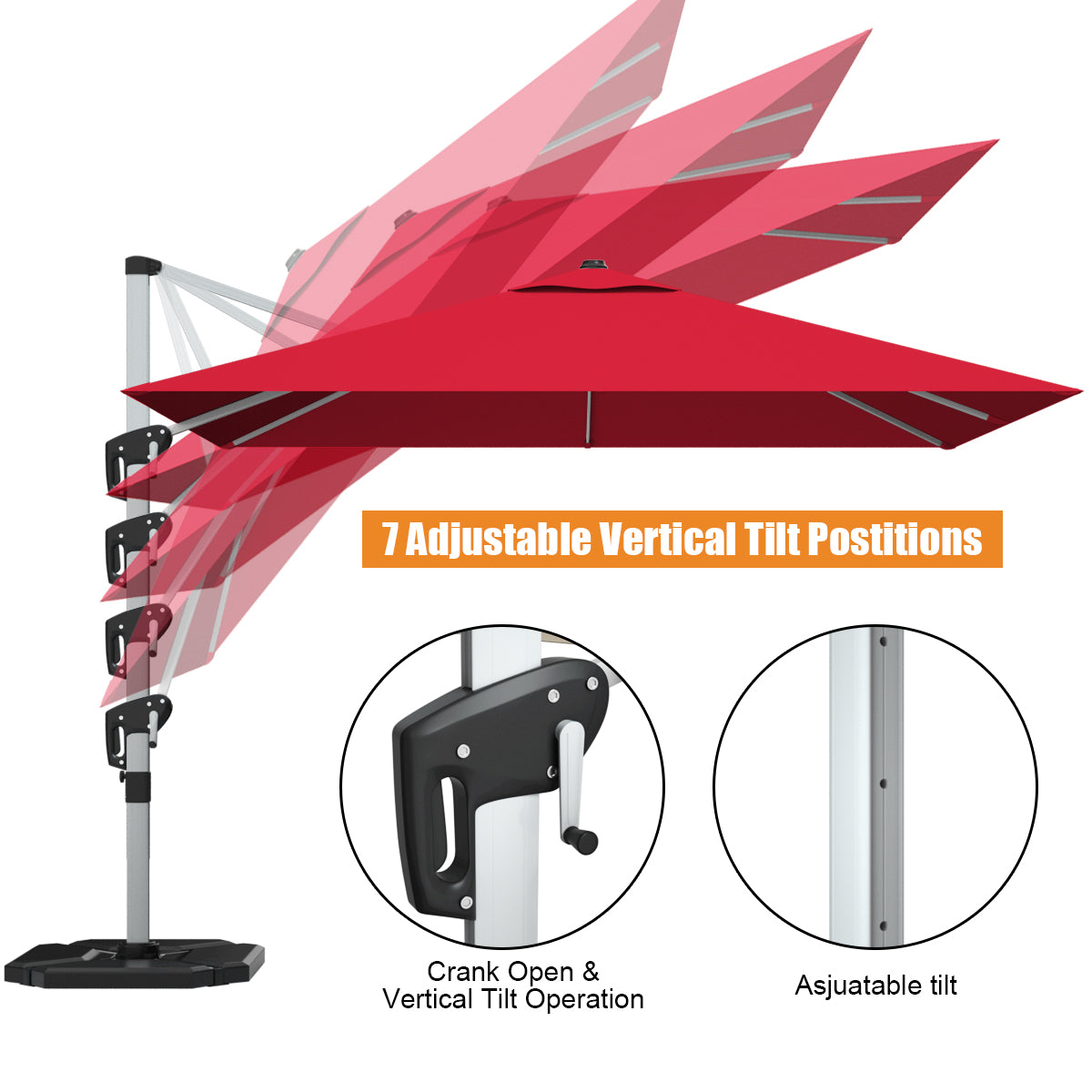 10 ft 360 Degree Tilt Aluminum Square Patio Offset Cantilever Umbrella without Weight Base-Burgundy Kids Crystal