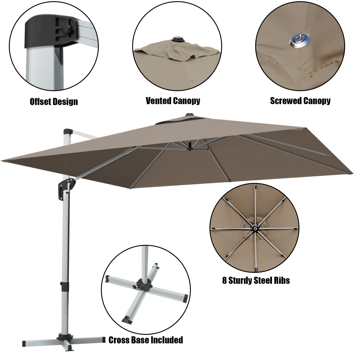 10 ft 360 Degree Tilt Aluminum Square Patio Offset Cantilever Umbrella without Weight Base-Tan Kids Crystal