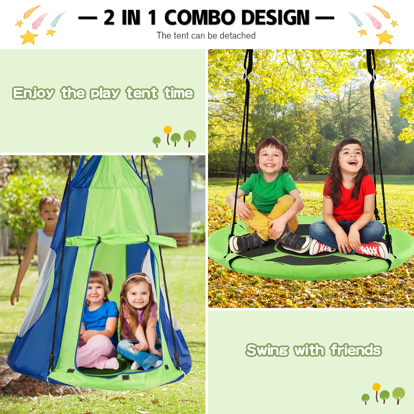 2-in-1 40 Inch Kids Hanging Chair Detachable Swing Tent Set-Green Kids Crystal