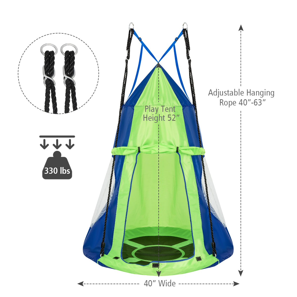 2-in-1 40 Inch Kids Hanging Chair Detachable Swing Tent Set-Green Kids Crystal