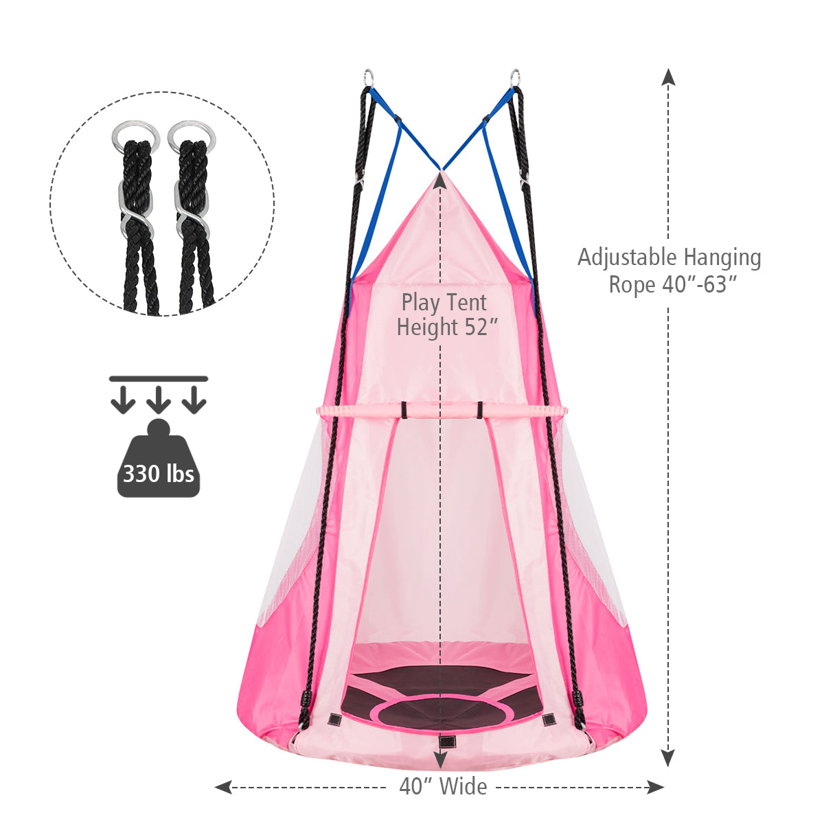 2-in-1 40 Inch Kids Hanging Chair Detachable Swing Tent Set-Pink Kids Crystal