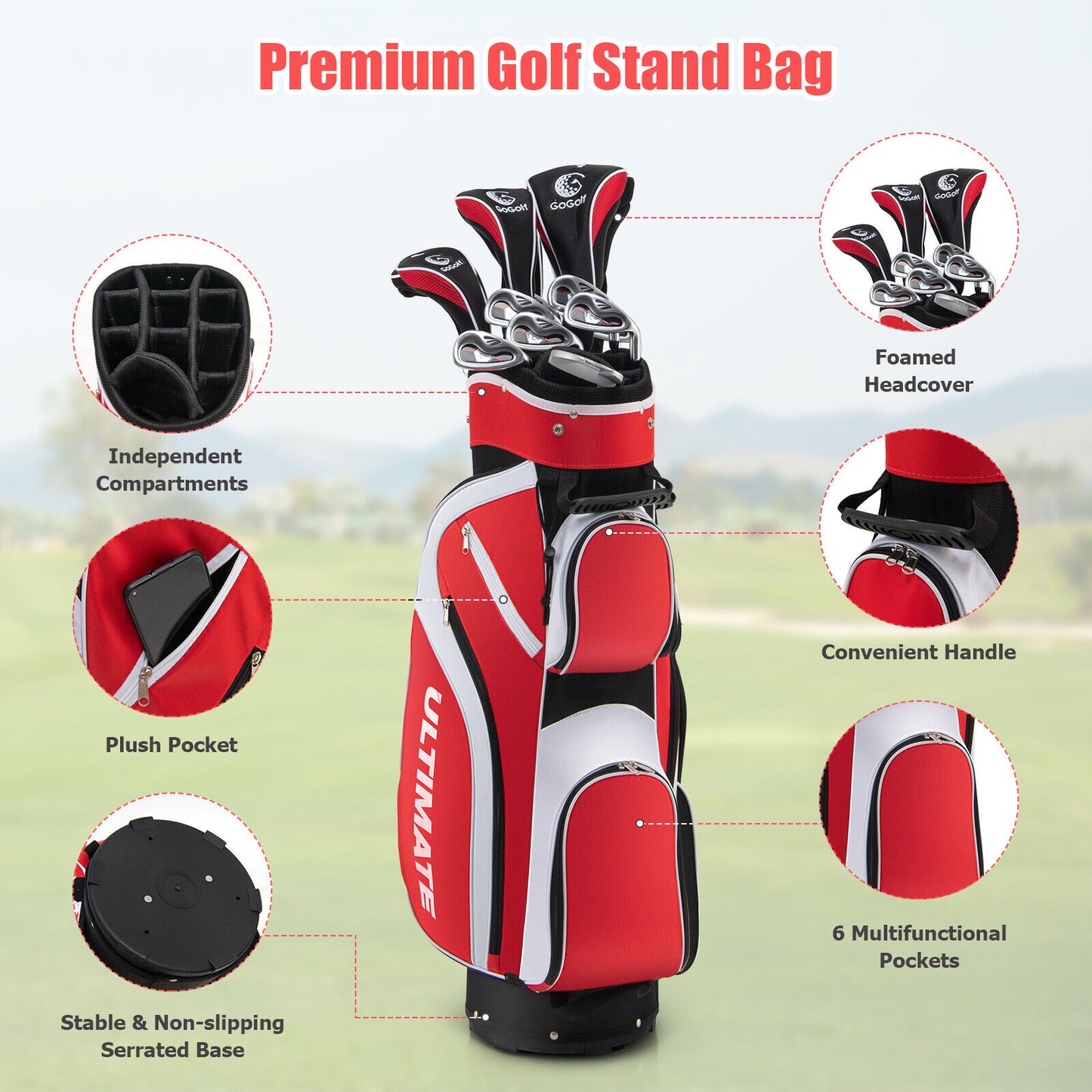 10 Pieces Ladies Complete Golf Club Set with Alloy Driver-Red Kids Crystal