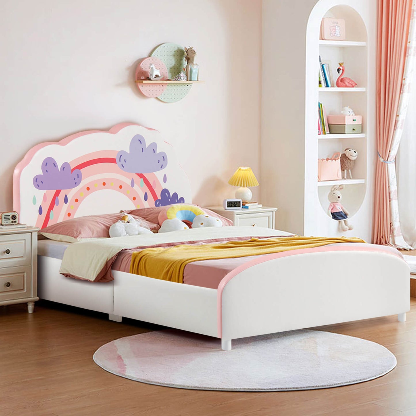 Kids Twin Size Upholstered Platform Wooden Bed with Rainbow Pattern Kids Crystal
